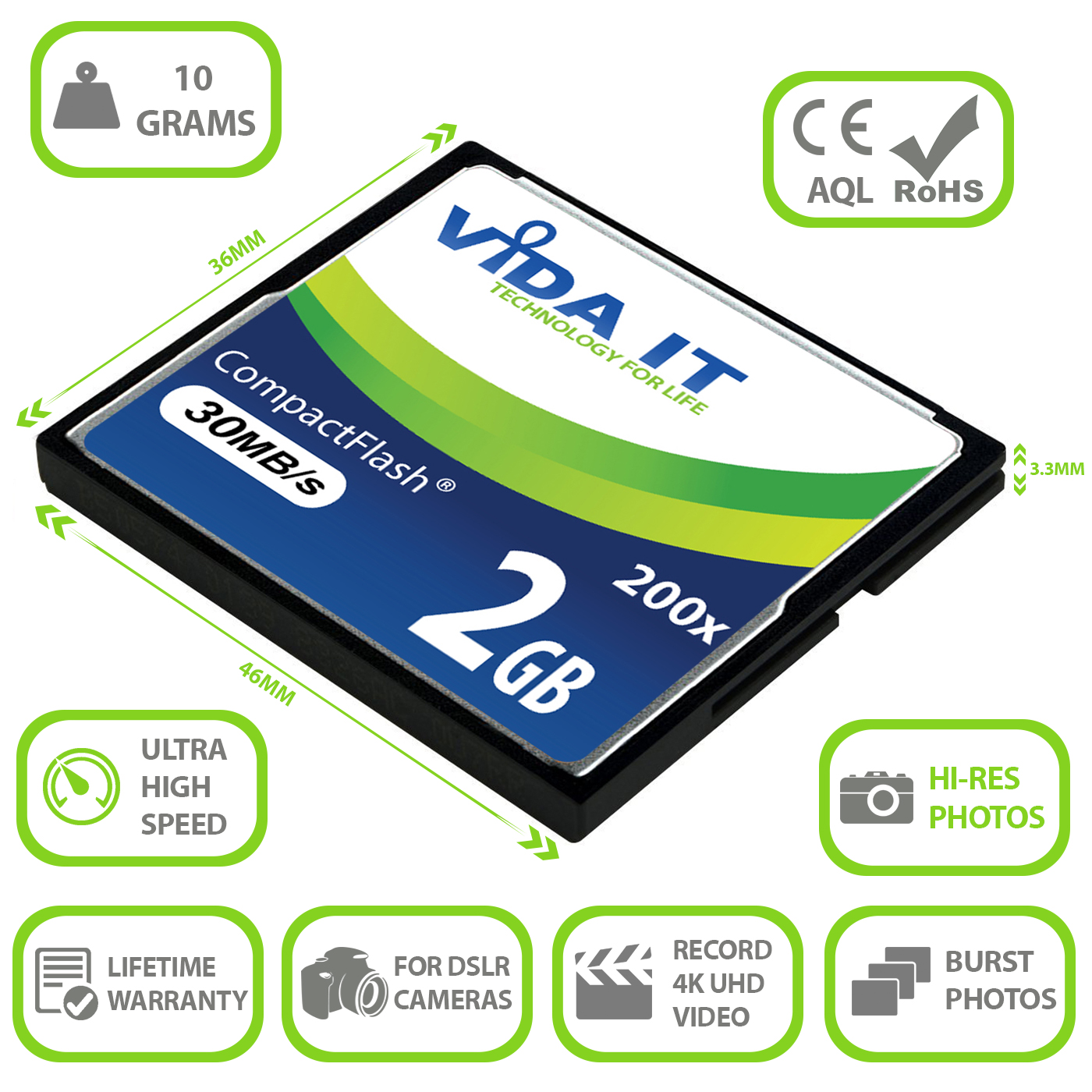 Vida IT® 2GB CF Compact Flash Memory Card High Speed 200X 30MB/s for SLR Digital Camera