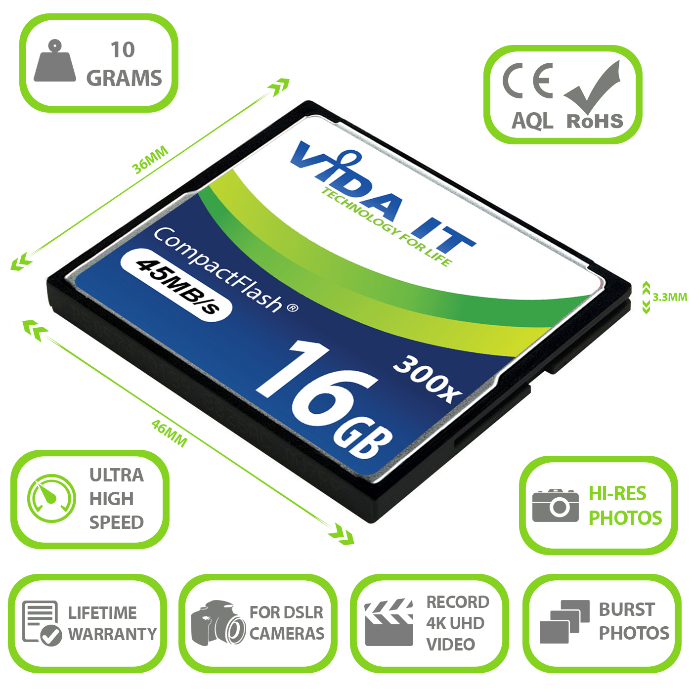 Vida IT® 16GB CF Compact Flash Memory Card High Speed 300X 45MB/s for SLR Digital Camera