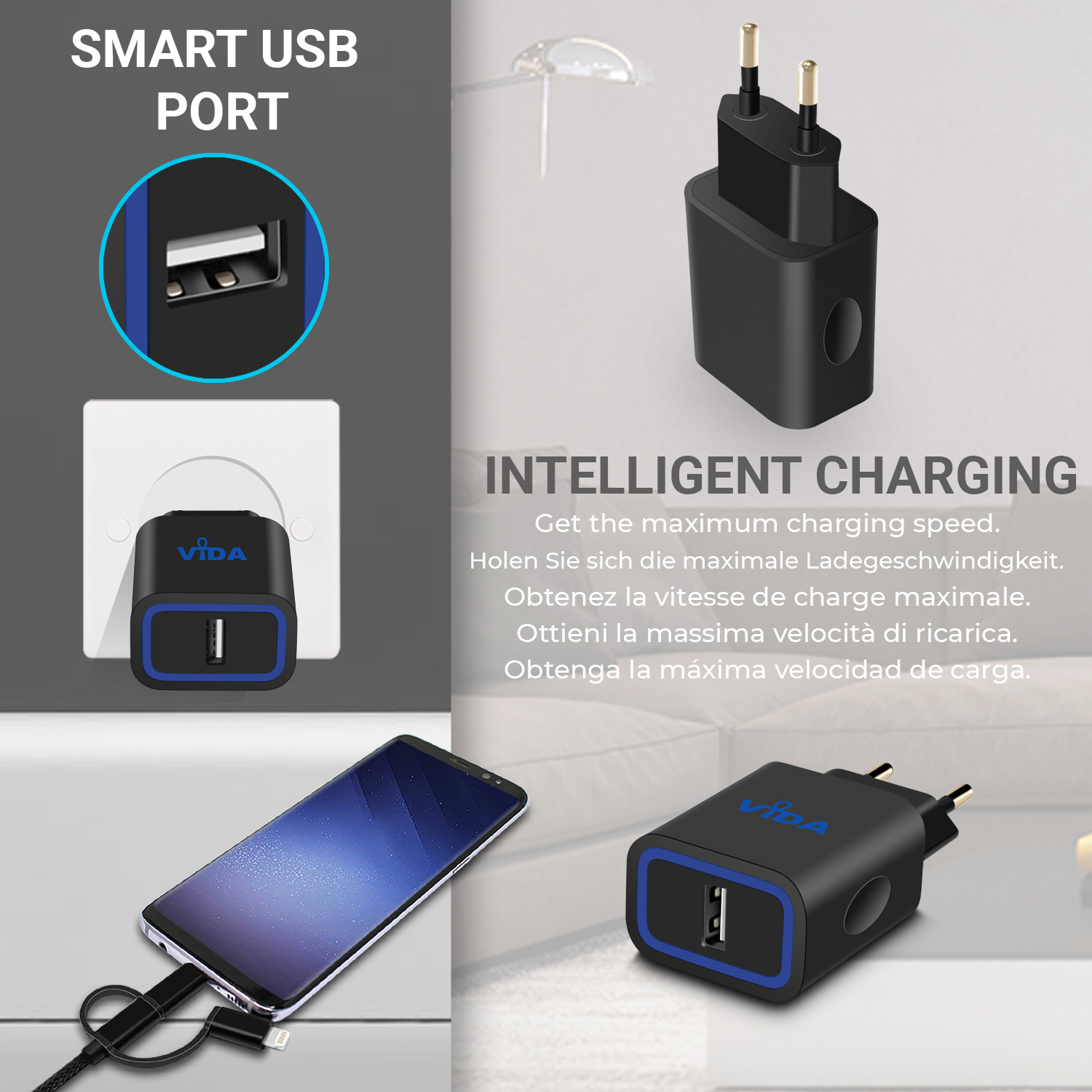 Schnelle 1-Port USB HUB Netzteil EU Netzstecker Wandladegerät 5V 2.4A mit 1 Meter langem USB Kabel mit den iPhone- und Typ-C Adaptern