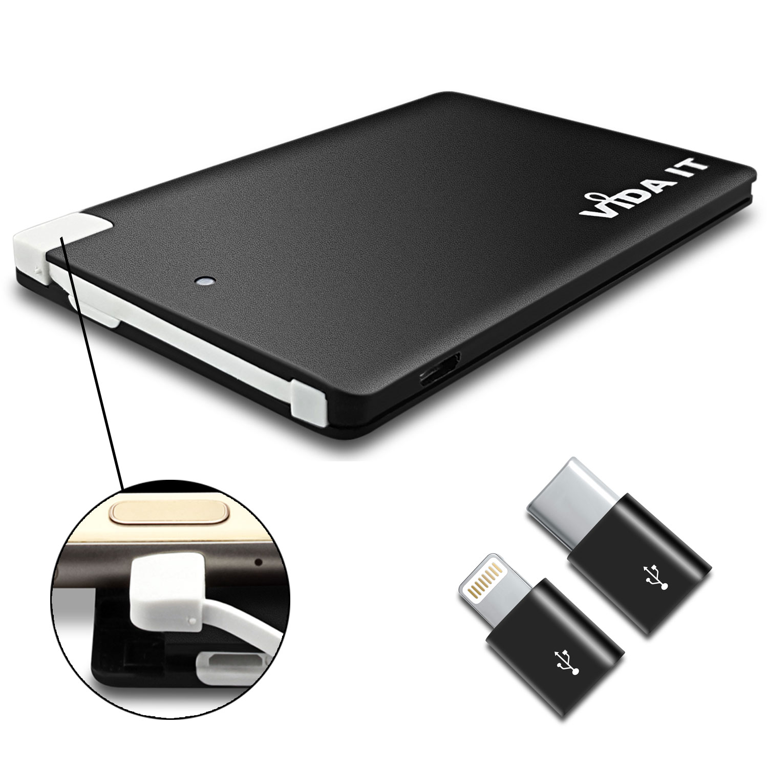 Mince le voyage 2500mAh Power Bank Mini Batterie Externe Portatif Chargeur avec câble Micro-USB intégré avec iPhone Lightning et USB-C Type-C adaptateurs pour iOS Android téléphone smartphone