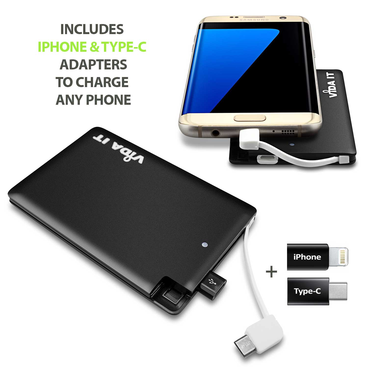 Slim credit card design Power Bank 2500mAh external battery pack thin portable USB charger with built-in micro-usb charging cable plus two adapters for iPhone Lightning and type-C usb-c connectors for mobile phone smartphone tablet pc