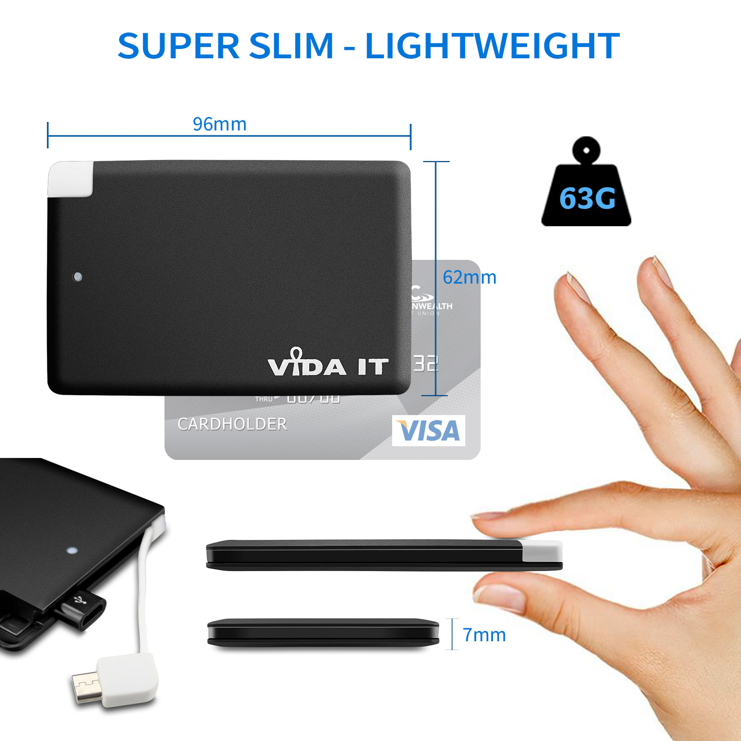Vida IT® vCard Power Bank Cargador de batería externo Portátil 2500mAh con cable de carga integrado para Móvil smartphone tablet pc (Negro)