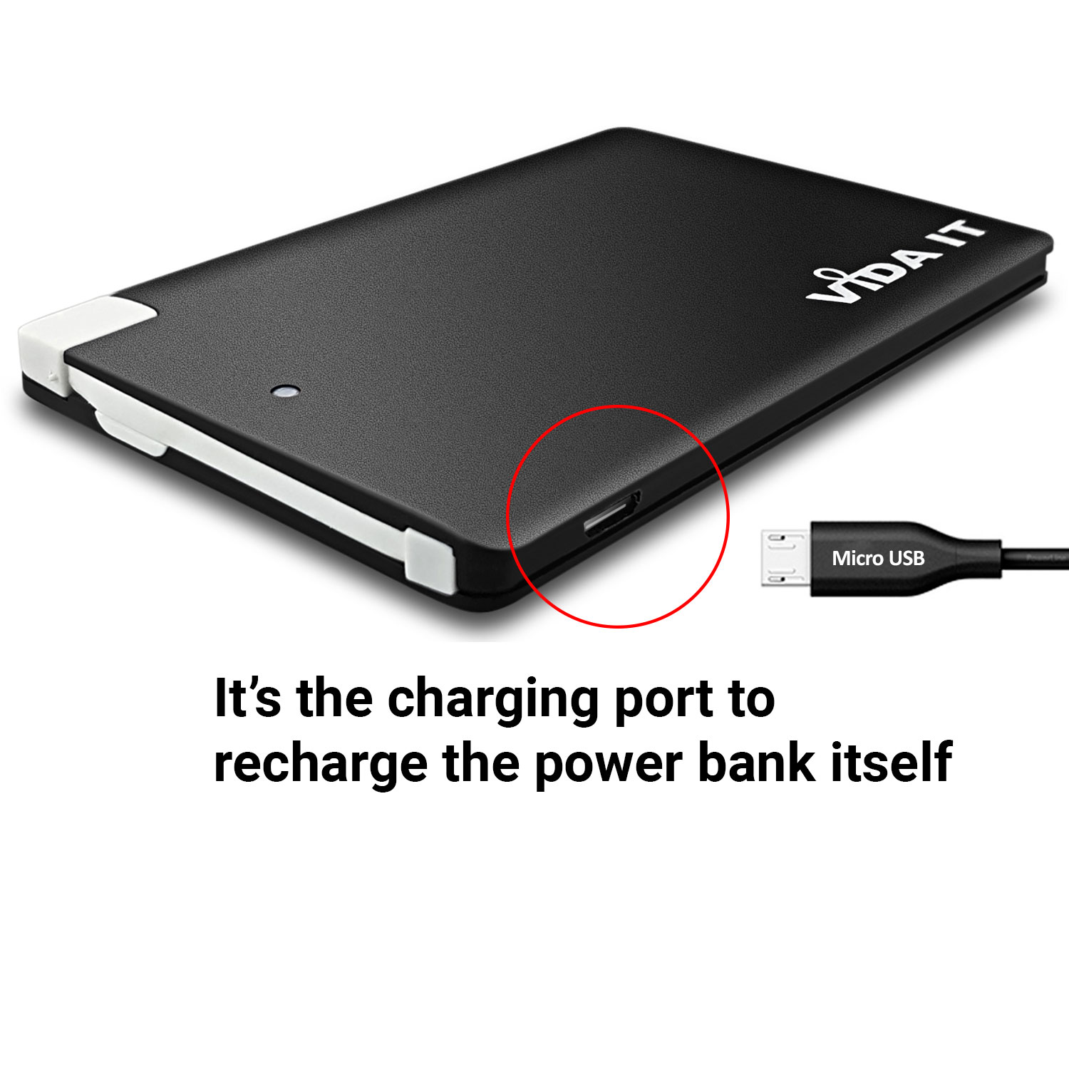 Mince le voyage 2500mAh Power Bank Mini Batterie Externe Portatif Chargeur avec câble Micro-USB intégré avec iPhone Lightning et USB-C Type-C adaptateurs pour iOS Android téléphone smartphone