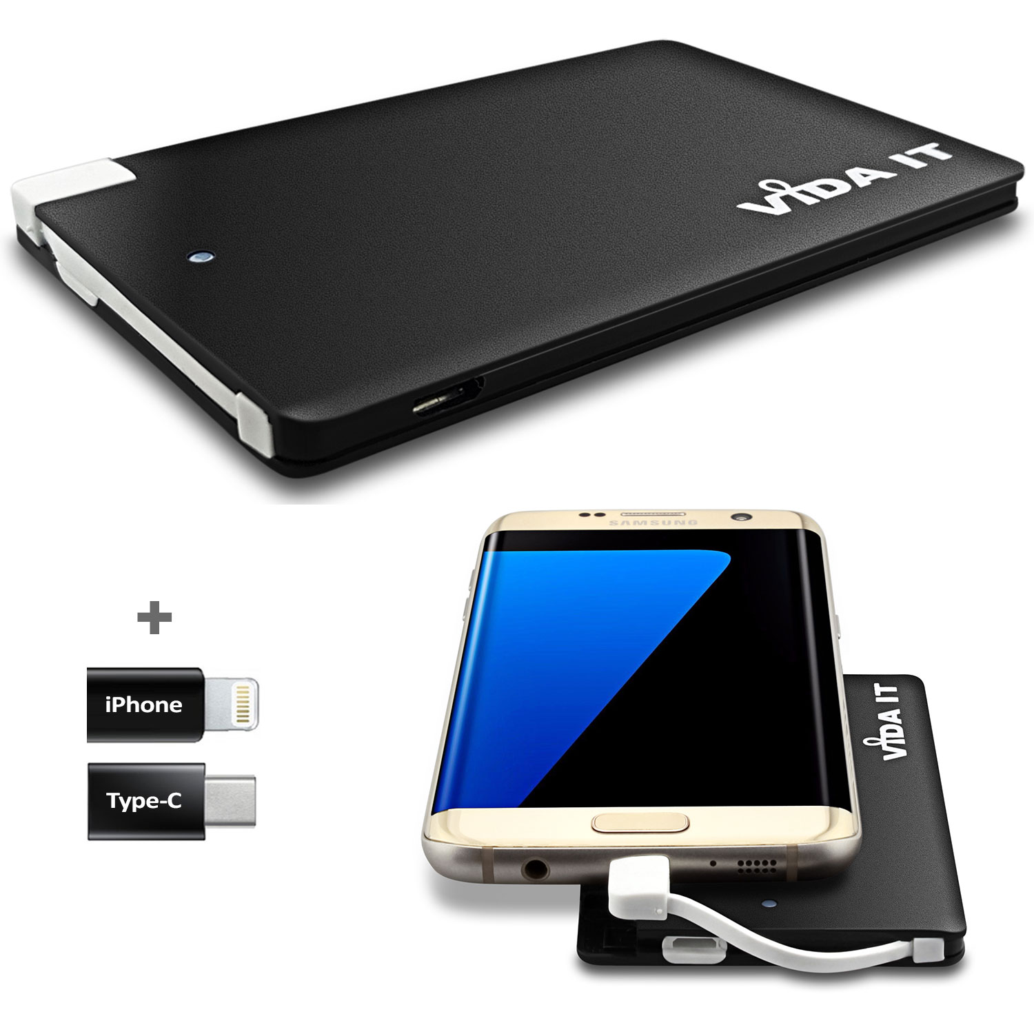 Slim credit card design Power Bank 2500mAh external battery pack thin portable USB charger with built-in micro-usb charging cable plus two adapters for iPhone and type-C for mobile phones