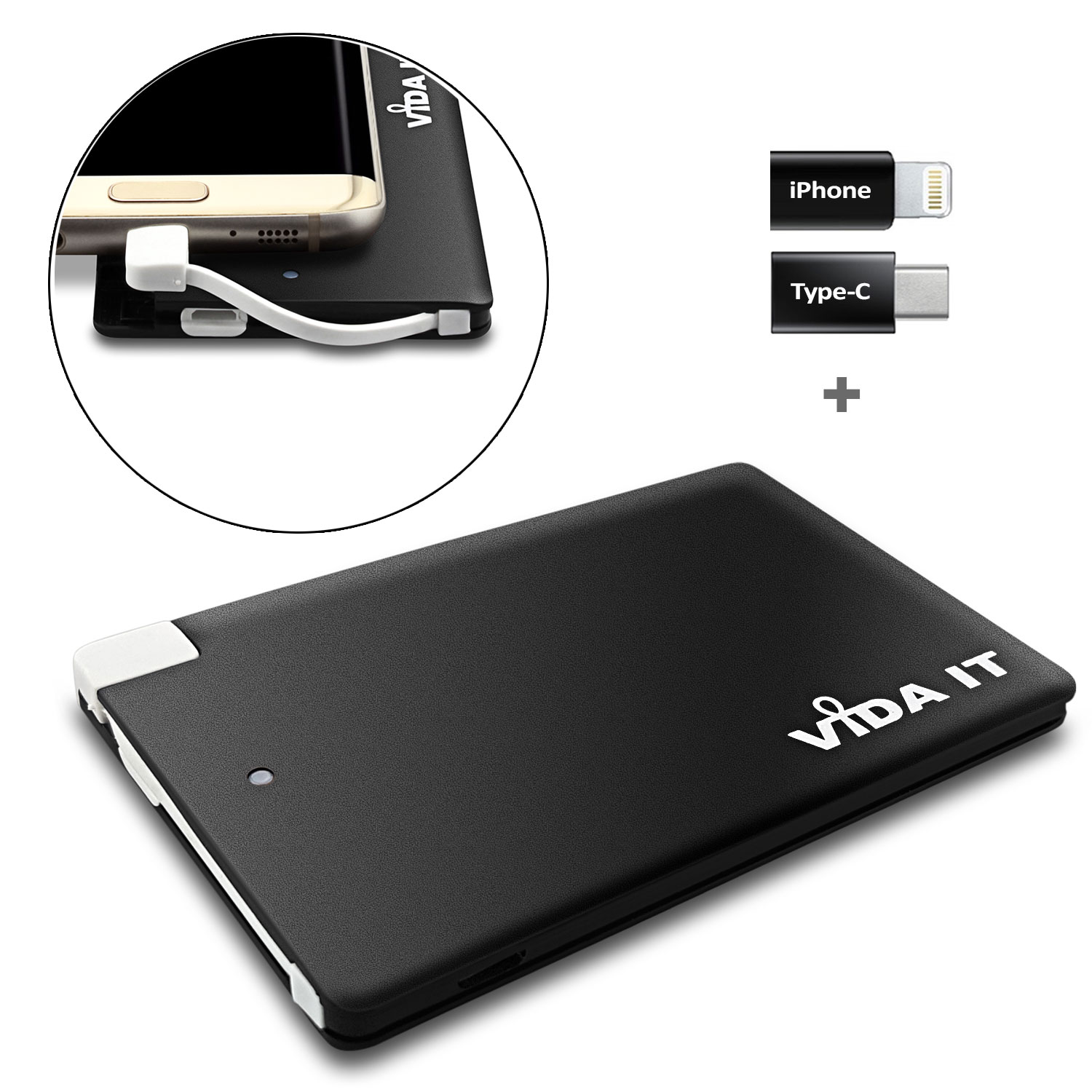 Slim credit card design Power Bank 2500mAh external battery pack thin portable USB charger with built-in micro-usb charging cable plus two adapters for iPhone and type-C for mobile phones