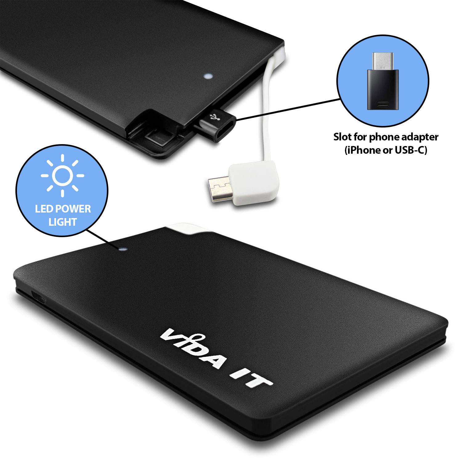 Slim credit card design Power Bank 2500mAh external battery pack thin portable USB charger with built-in micro-usb charging cable plus two adapters for iPhone Lightning and type-C usb-c connectors for mobile phone smartphone tablet pc