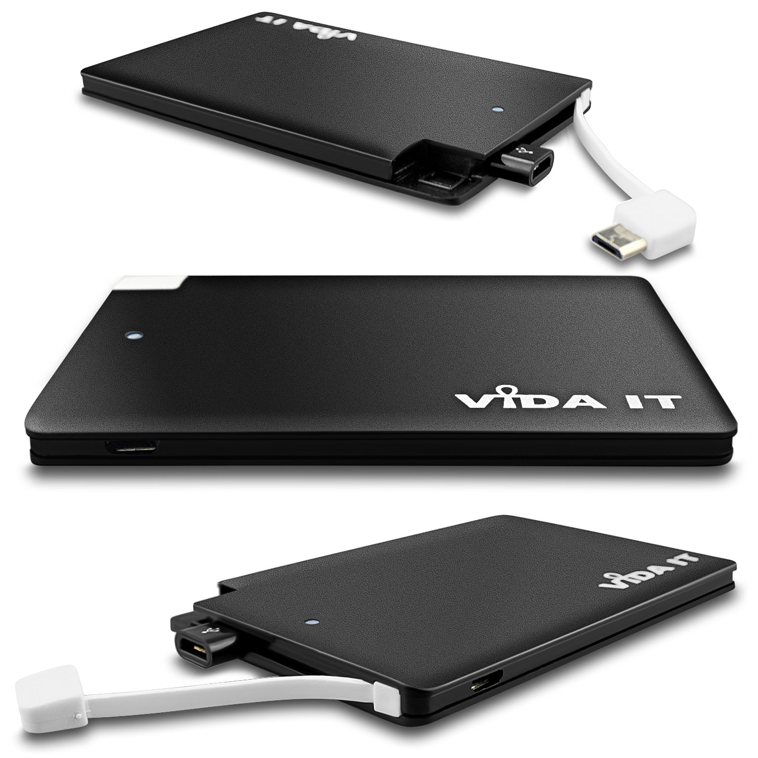 vCard slim Power Bank 2500mAh Capacity USB external battery pack thin portable USB charger with built-in micro-usb charging cable plus two adapters for iPhone and type-C usb-c connectors for iPhone iPad Android mobile phone smartphone tablet pc