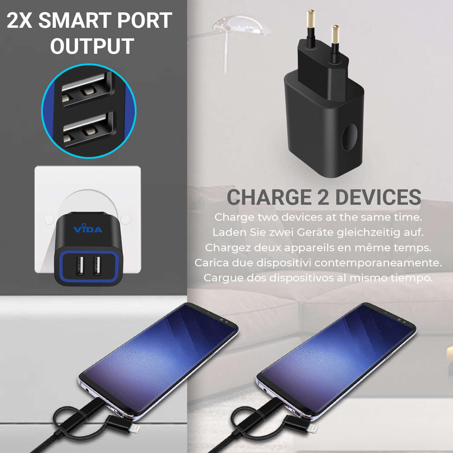 Schnelle Dual 2-Port USB HUB Netzteil EU Netzstecker Wandladegerät 5V 2.4A mit 1 Meter langem USB Kabel mit den iPhone-Lightning und Typ-C Adaptern