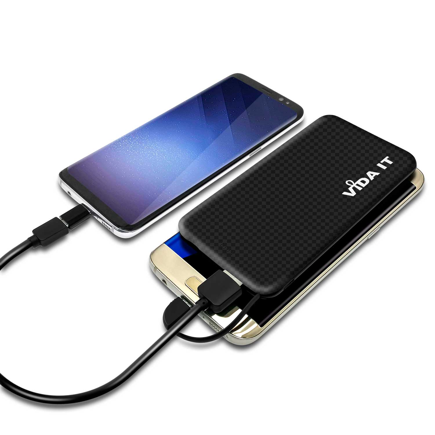 Tragbare Akku Extern PowerBank 5000mAh Ladegerät mit einem integrierten Micro-USB Kabel und iPhone Lightning und USB Typ-C Adaptern für handy schwarz