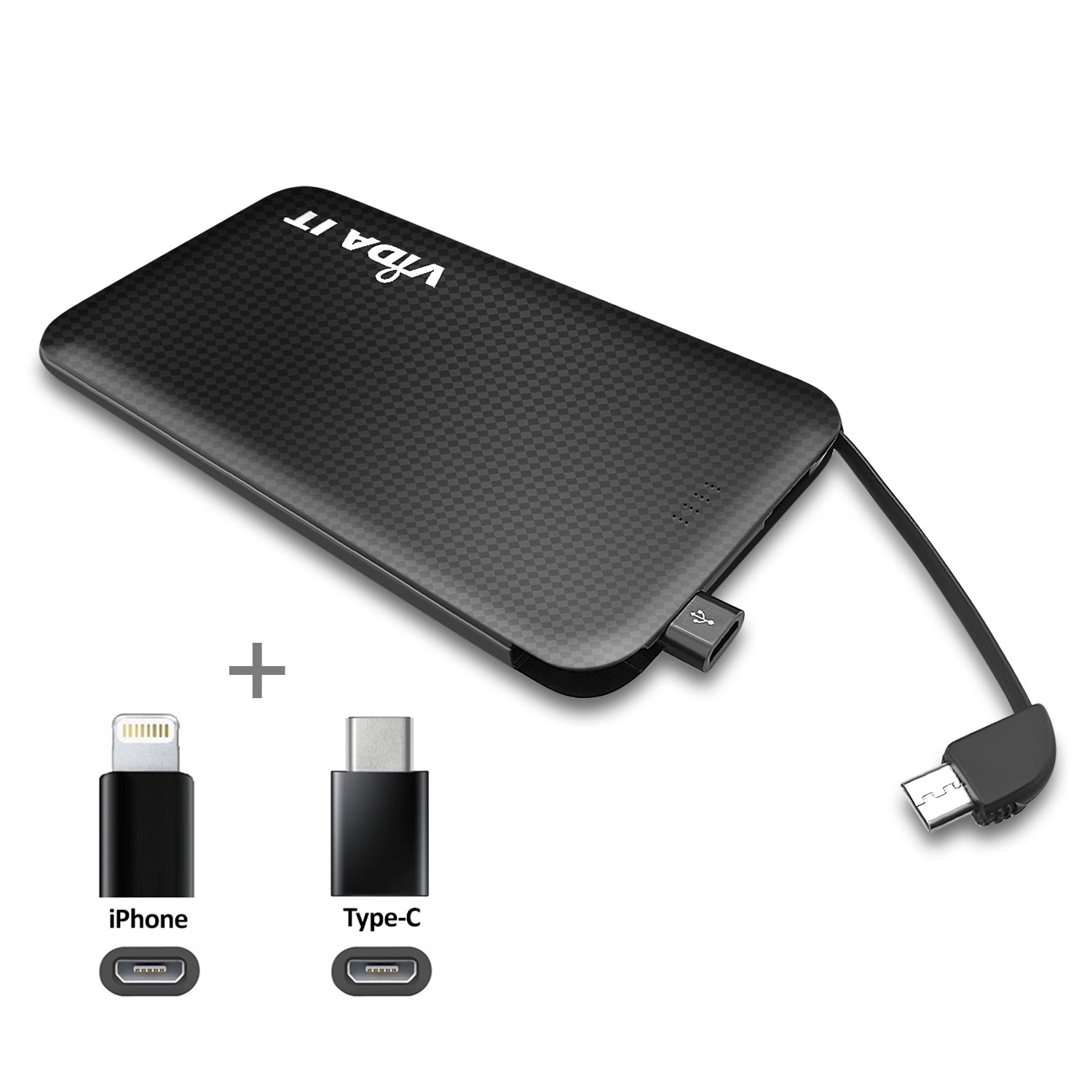 Tragbare Akku Extern PowerBank 5000mAh Ladegerät mit einem integrierten Micro-USB Kabel und iPhone Lightning und USB Typ-C Adaptern für handy schwarz