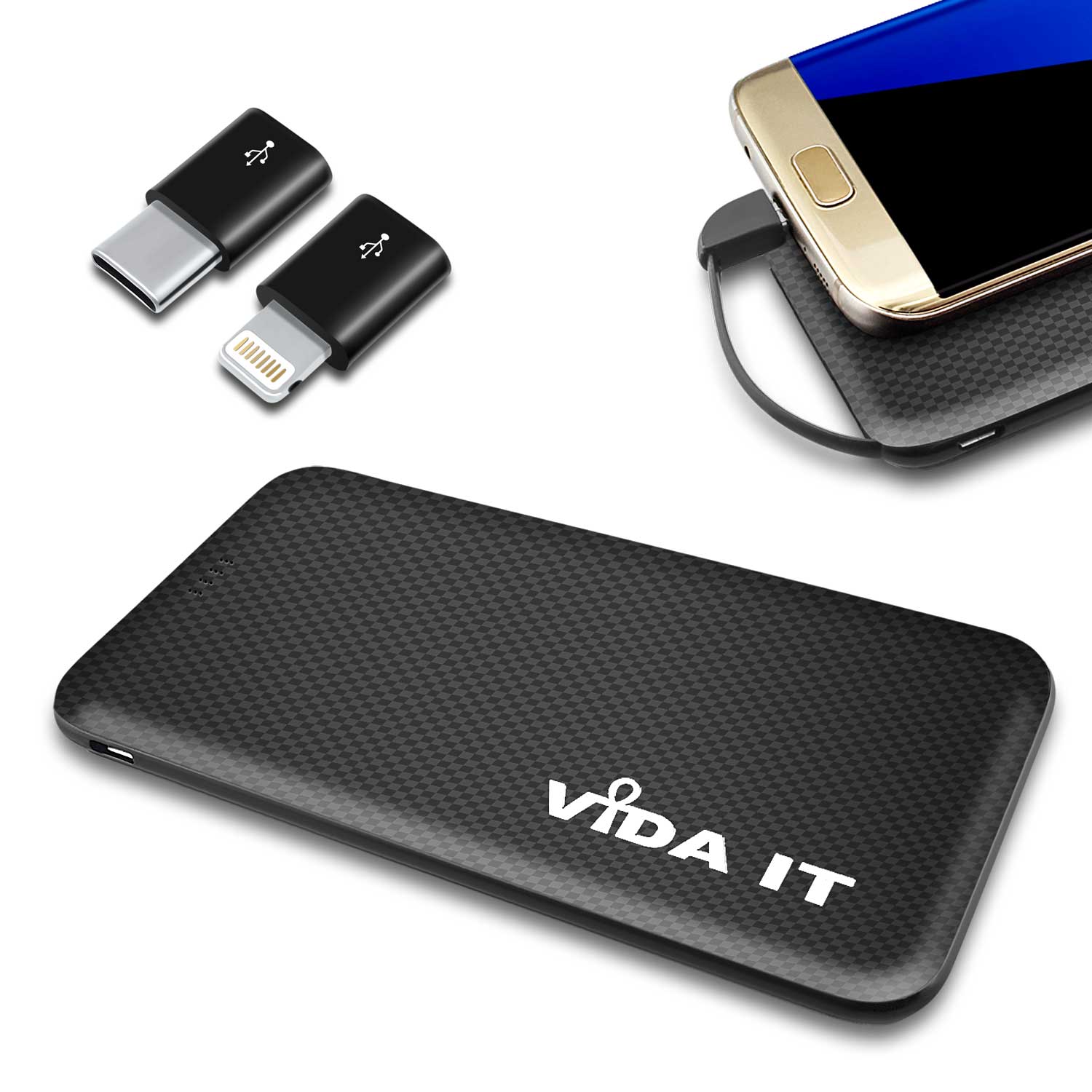 Tragbare Akku Extern PowerBank 5000mAh Ladegerät mit einem integrierten Micro-USB Kabel und iPhone  und USB Typ-C Adaptern für handy schwarz