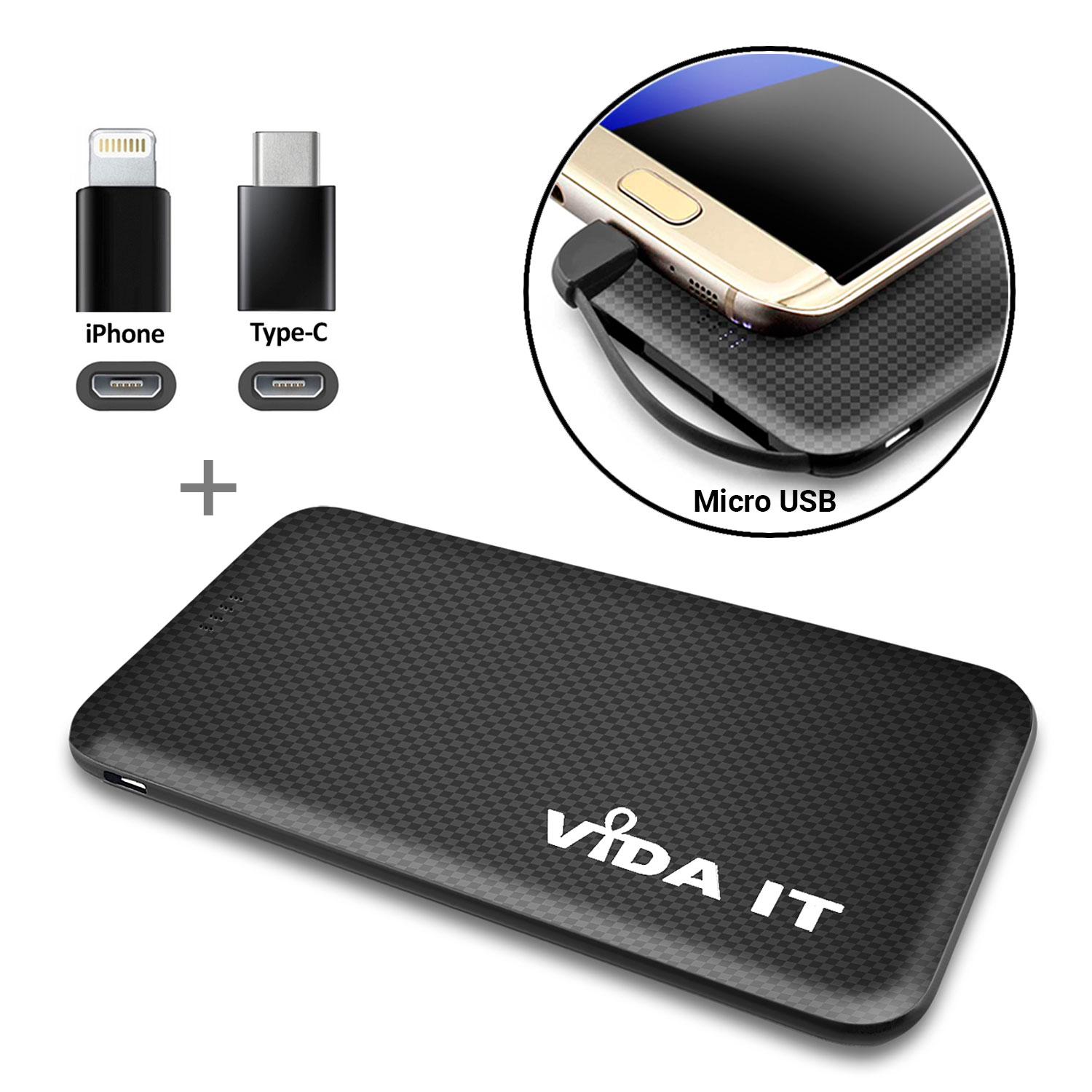 V502 Slim 9mm Dual Port 5000mAh Power Bank Portable External Emergency Battery Pack USB Charger with Built-in Micro USB cable plus Apple-and USB-C Adapters in Black Colour