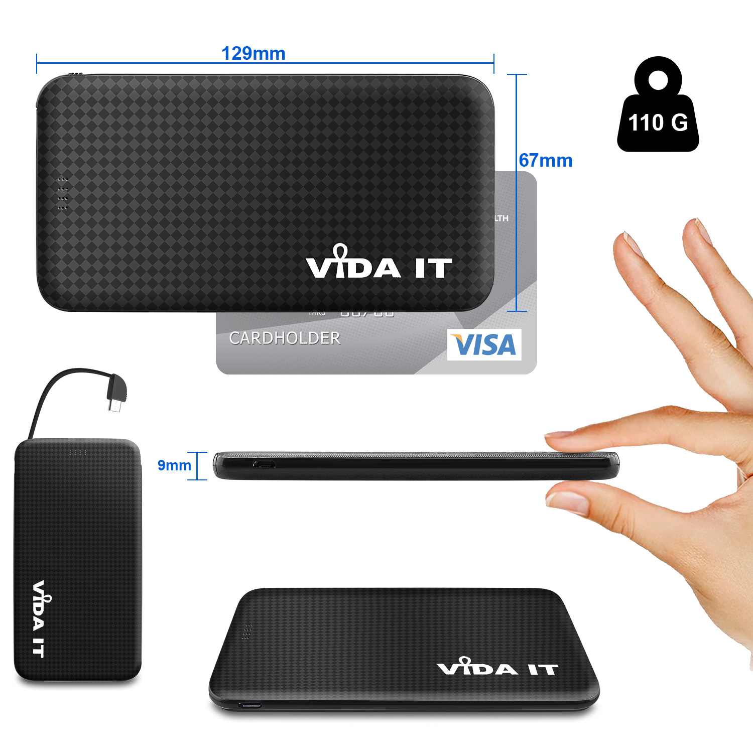 Ultra Mince le voyage 5000mAh Capacité Power Bank Mini Batterie Externe Portatif Chargeur Li-Polymère USB 2 Port Càble inclus avec câble Micro-USB intégré avec iPhone Lightning et USB-C Type-C adaptateurs pour iOS Android téléphone smartphone