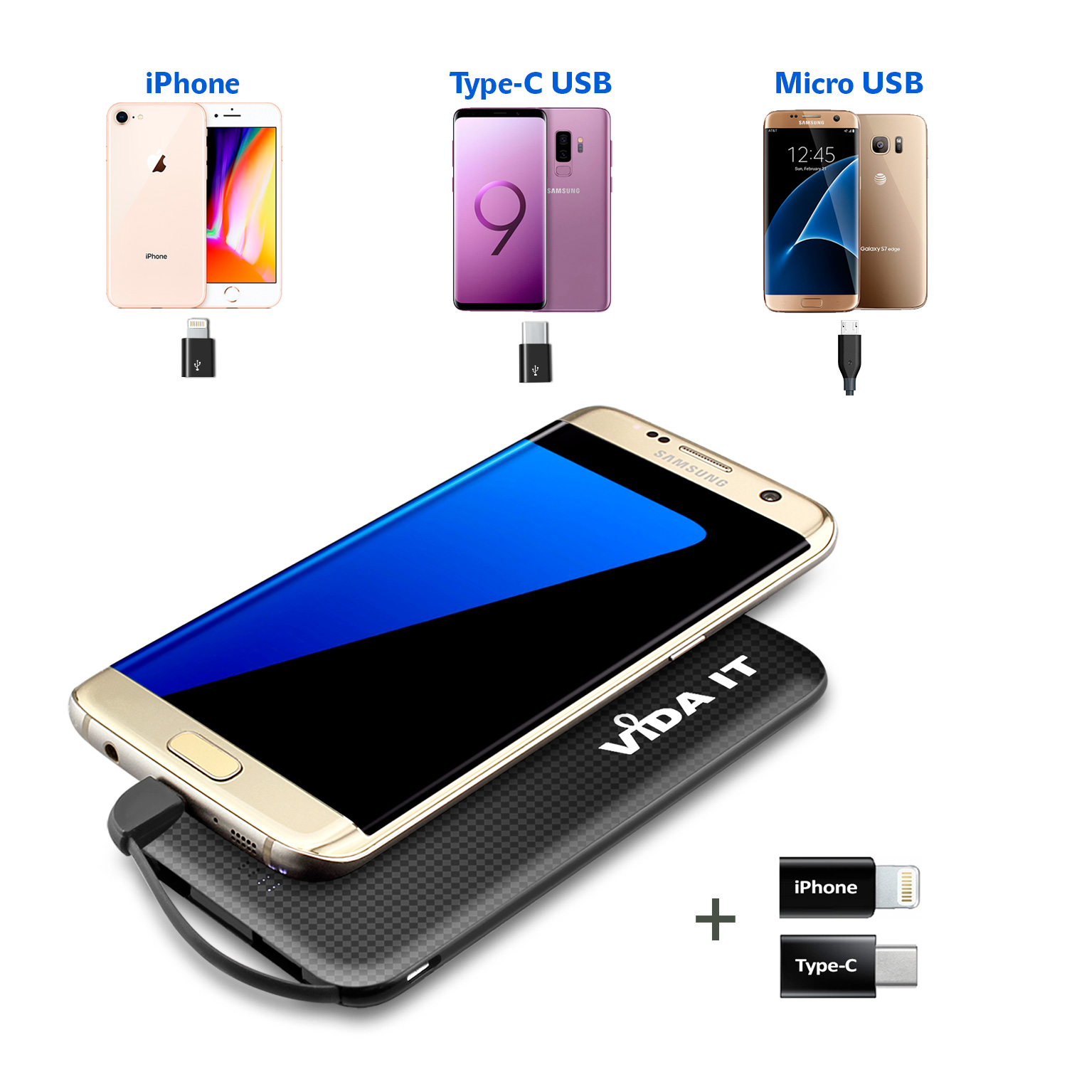 Tragbare Akku Extern PowerBank 5000mAh Ladegerät mit einem integrierten Micro-USB Kabel und iPhone  und USB Typ-C Adaptern für handy schwarz