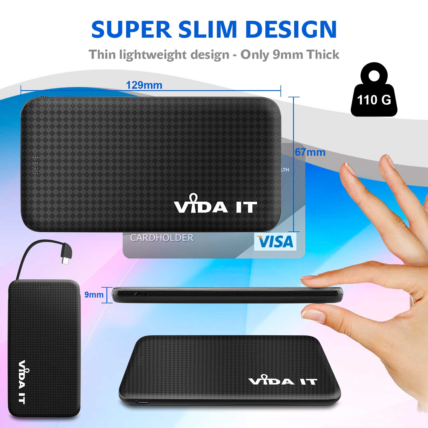 V502 Slim 9mm Dual Port 5000mAh Power Bank Portable External Emergency Battery Pack USB Charger with Built-in Micro USB cable plus Apple-and USB-C Adapters in Black Colour