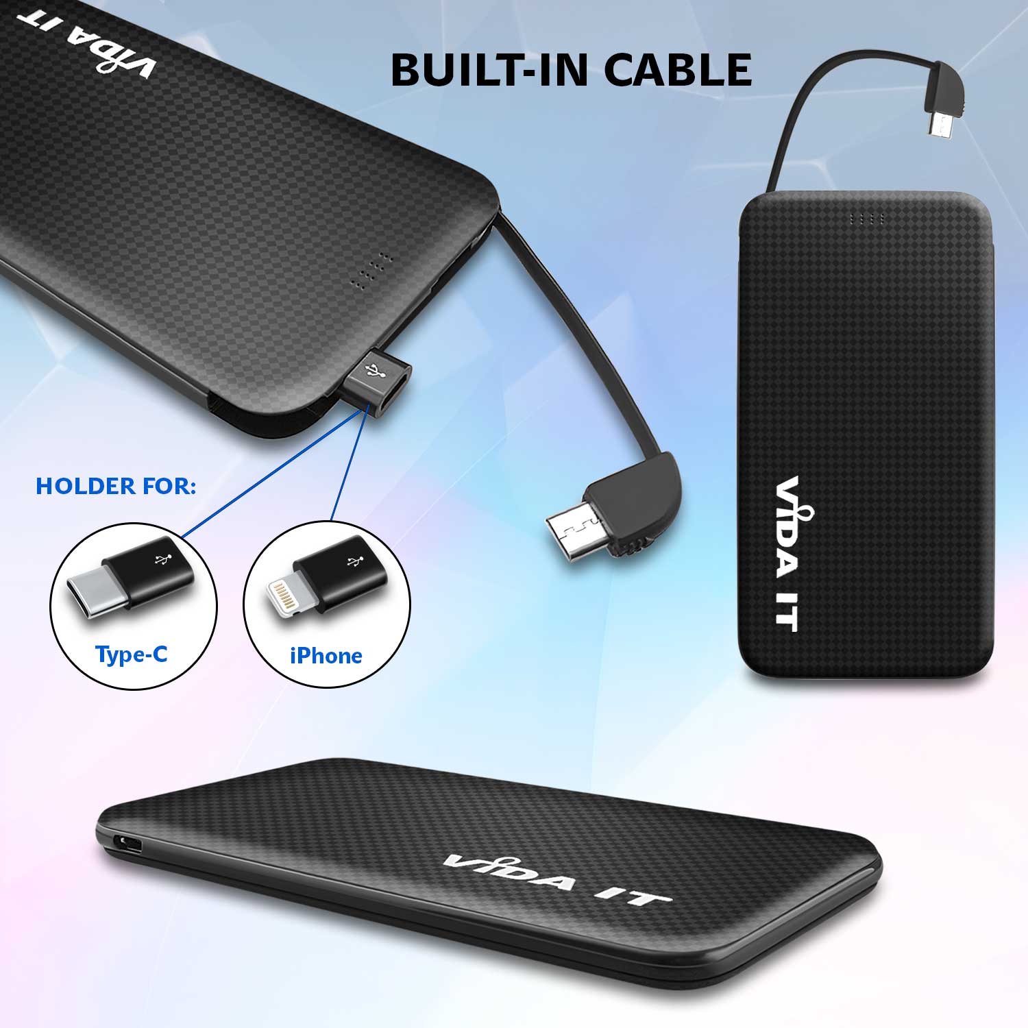 Tragbare Akku Extern PowerBank 5000mAh Ladegerät mit einem integrierten Micro-USB Kabel und iPhone Lightning und USB Typ-C Adaptern für handy schwarz