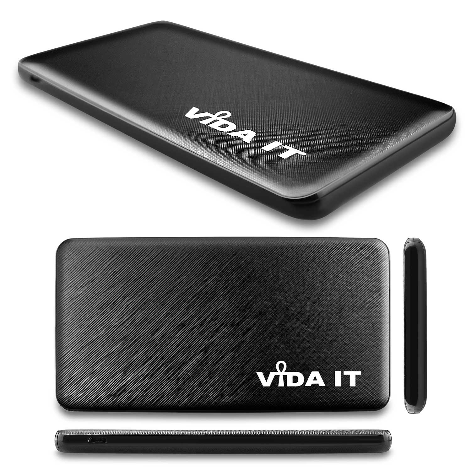 Vida IT V506 Lightweight 9mm Slim Design Travel 3 Port 5000mAh Power Bank Fast Charging 2A Portable External Emergency Battery Pack USB Charger in Black Colour with USB cable and iPhone Lightning and USB-C Adapters