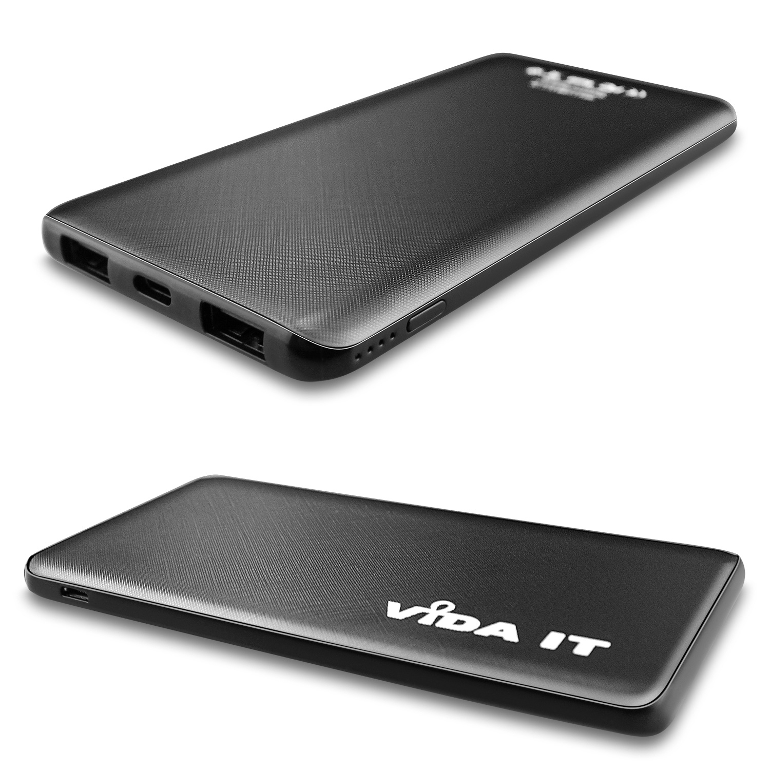 Vida IT V506 Lightweight 9mm Slim Design Travel Dual Port 5000mAh Power Bank Fast Charging 2A Portable External Emergency Battery Pack USB Charger in Black Colour with USB cable and Apple-Lightning and USB-C Adapters