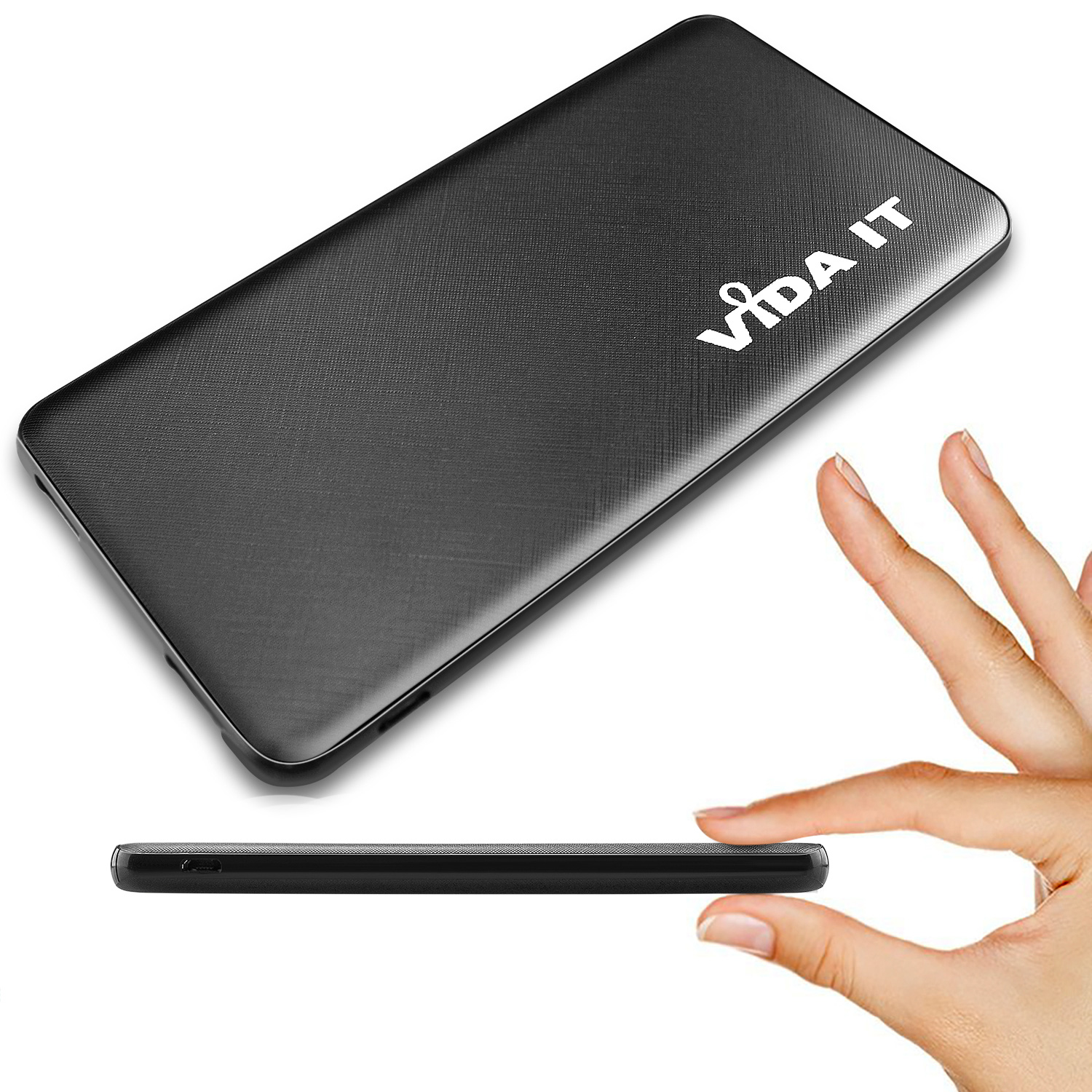 Vida IT V506 Lightweight 9mm Slim Design Travel 3 Port 5000mAh Power Bank Fast Charging 2A Portable External Emergency Battery Pack USB Charger in Black Colour with USB cable and iPhone Lightning and USB-C Adapters