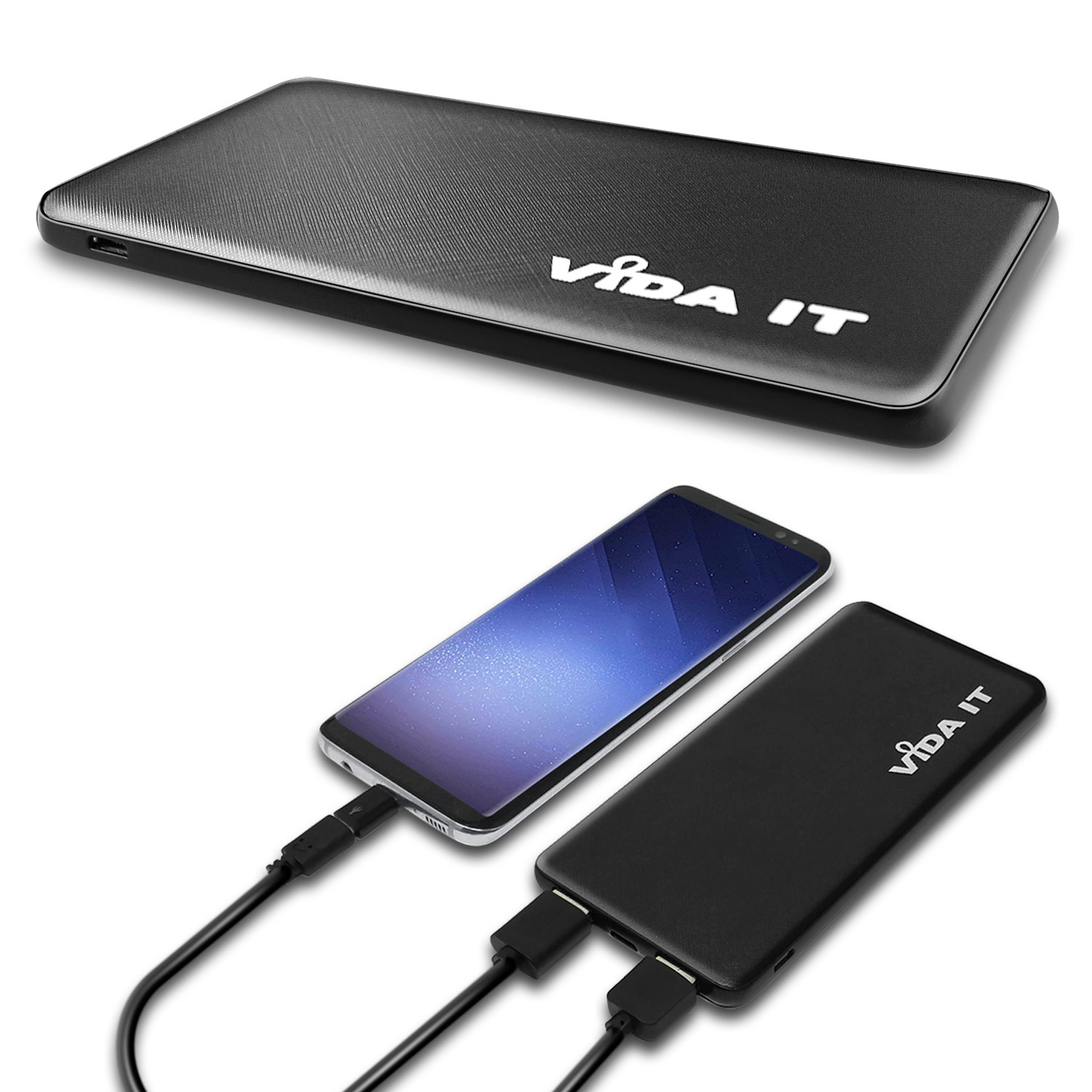 Vida IT® V506 Power Bank 5000mA Dual USB Port und Typ C Ausgang 2A mit Micro USB ladekabel+ 2 Adapter: USB-C und iPhone- - Schwarz