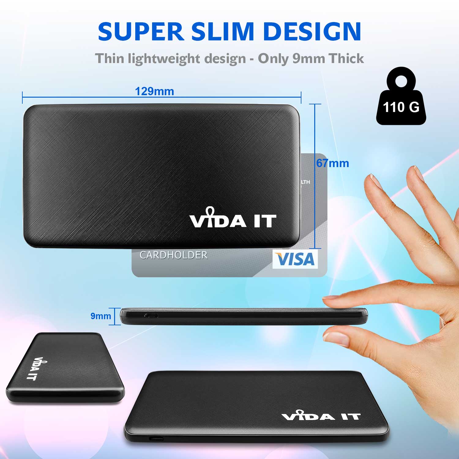 Vida IT® V506 Power Bank 5000mA Dual USB Port und Typ C Ausgang 2A mit Micro USB ladekabel+ 2 Adapter: USB-C und iPhone- - Schwarz