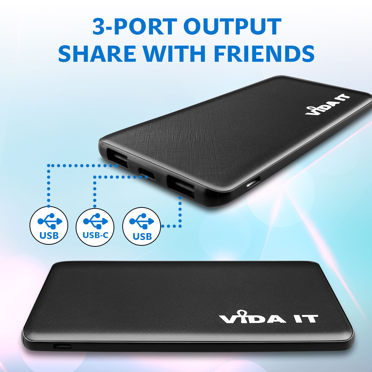 Vida IT V506 Lightweight 9mm Slim Design Travel Dual Port 5000mAh Power Bank Fast Charging 2A Portable External Emergency Battery Pack USB Charger in Black Colour with USB cable and Apple-Lightning and USB-C Adapters