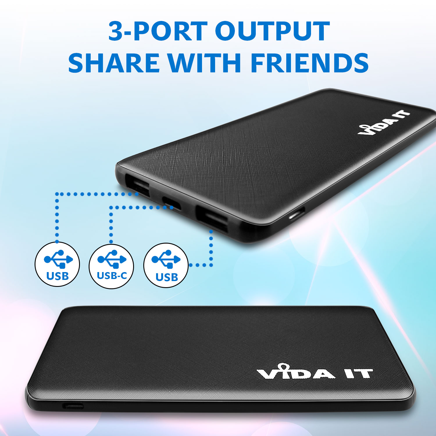 Vida IT® V506 Power Bank 5000mA Dual USB Port und Typ C Ausgang 2A mit Micro USB ladekabel+ 2 Adapter: USB-C und iPhone- - Schwarz