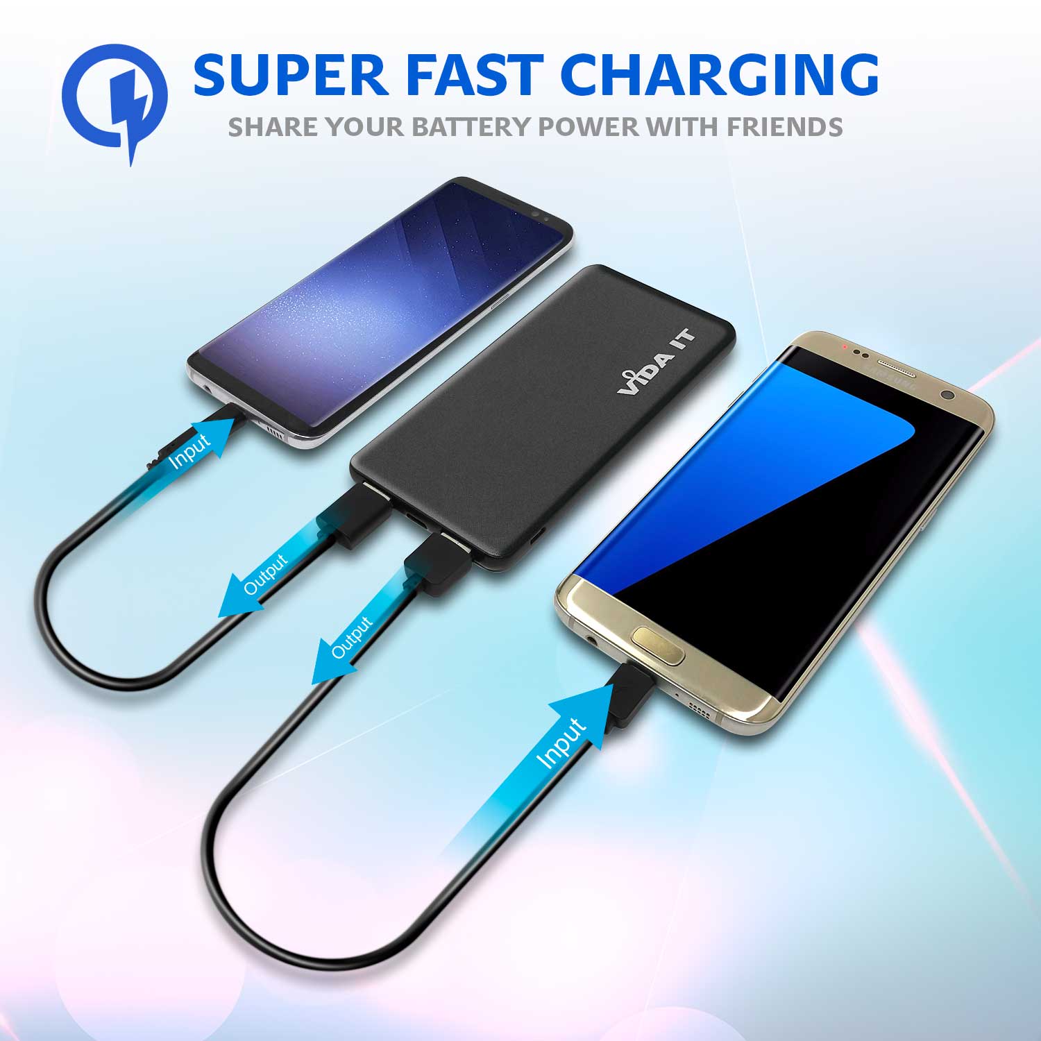 Vida IT V506 Lightweight 9mm Slim Design Travel 3 Port 5000mAh Power Bank Fast Charging 2A Portable External Emergency Battery Pack USB Charger in Black Colour with USB cable and iPhone Lightning and USB-C Adapters