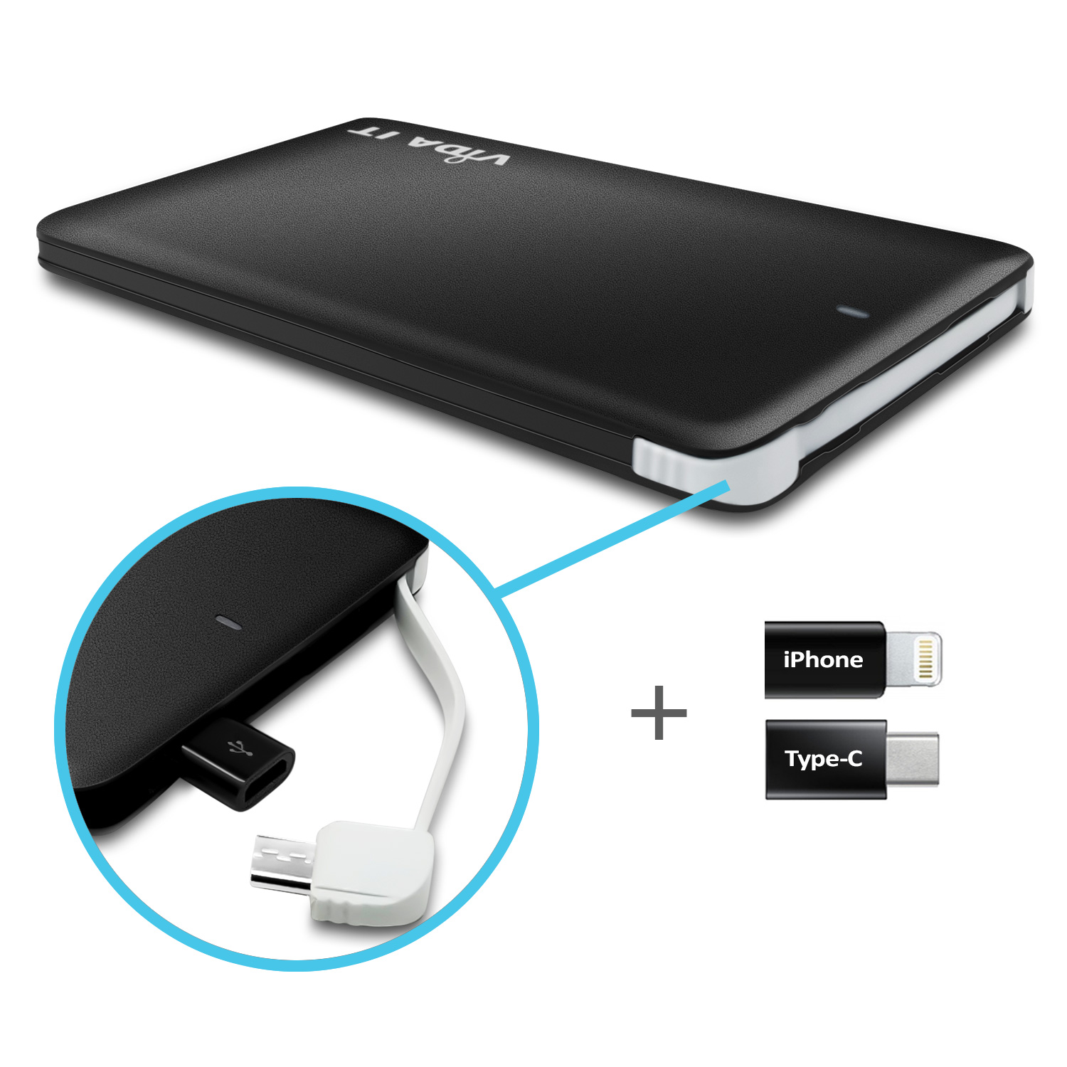 Vida IT® vCard+ Power Bank 4000mA USB Port mit Integriertes Micro USB ladekabel+ 2 Adapter: USB-C und iPhone- - Schwarz