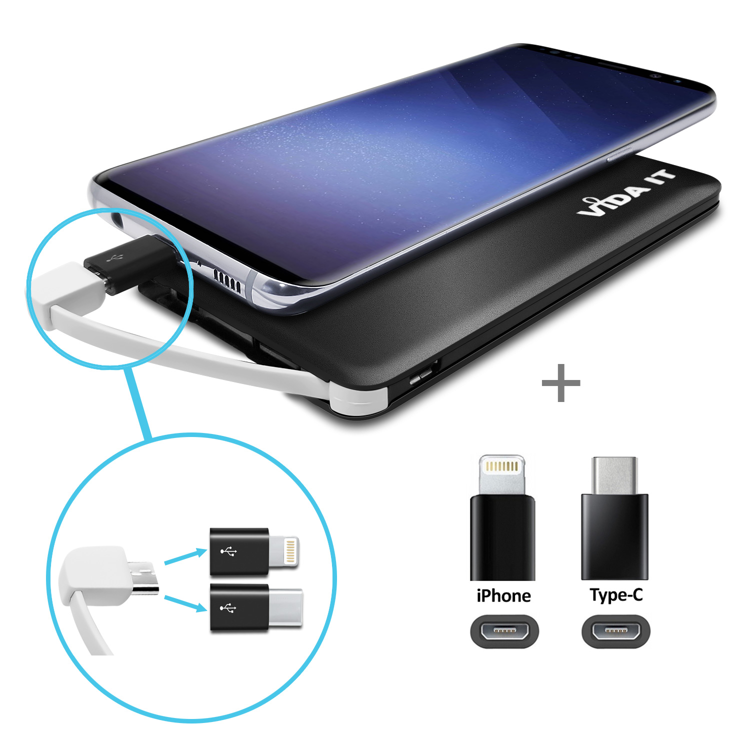 Vida IT® vCard+ Power Bank 4000mA Dual USB Port und Typ C Ausgang 2A mit Micro USB ladekabel+ 2 Adapter: USB-C und iPhone-Lightning - Schwarz