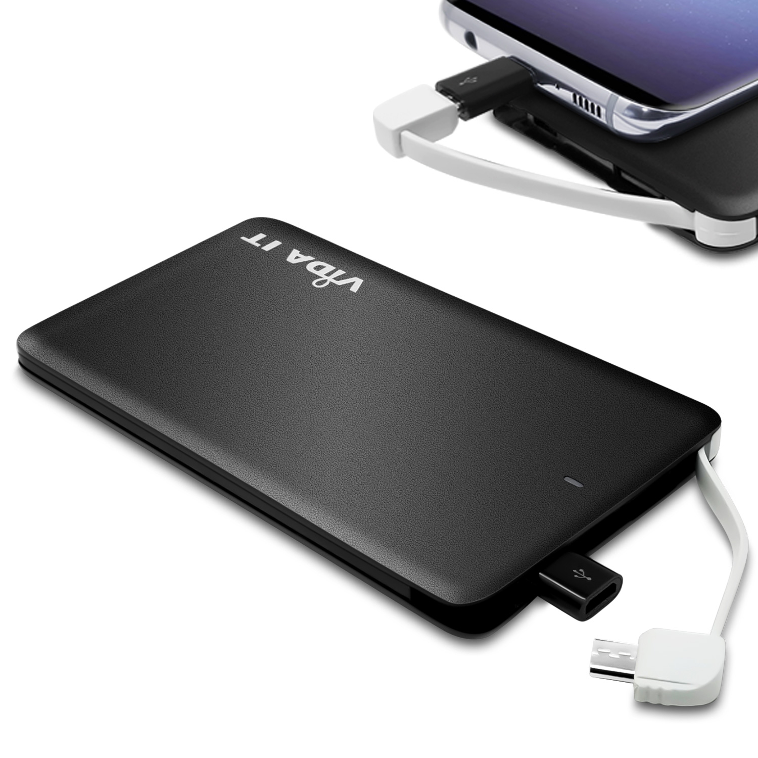 Vida IT® vCard+ Power Bank 4000mA Dual USB Port und Typ C Ausgang 2A mit Micro USB ladekabel+ 2 Adapter: USB-C und iPhone-Lightning - Schwarz