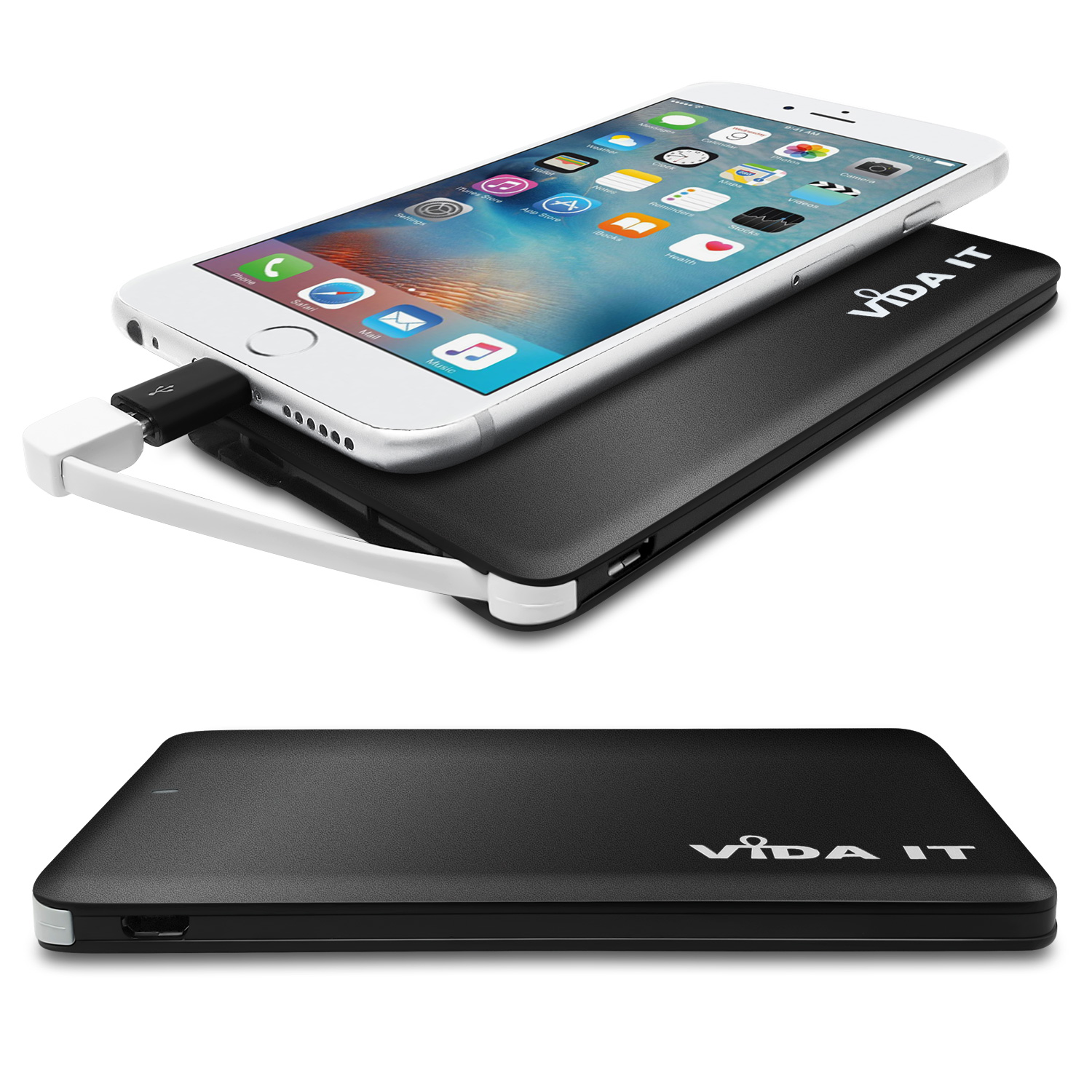 Vida-IT vCard+ 4000mAh Piccolo Portable Power Bank Dual Doppio USB Porte Sottile Esterno da 4000mAh Carica Batteria Portatile con adattatori iPhone-Lightning e USB Type-C