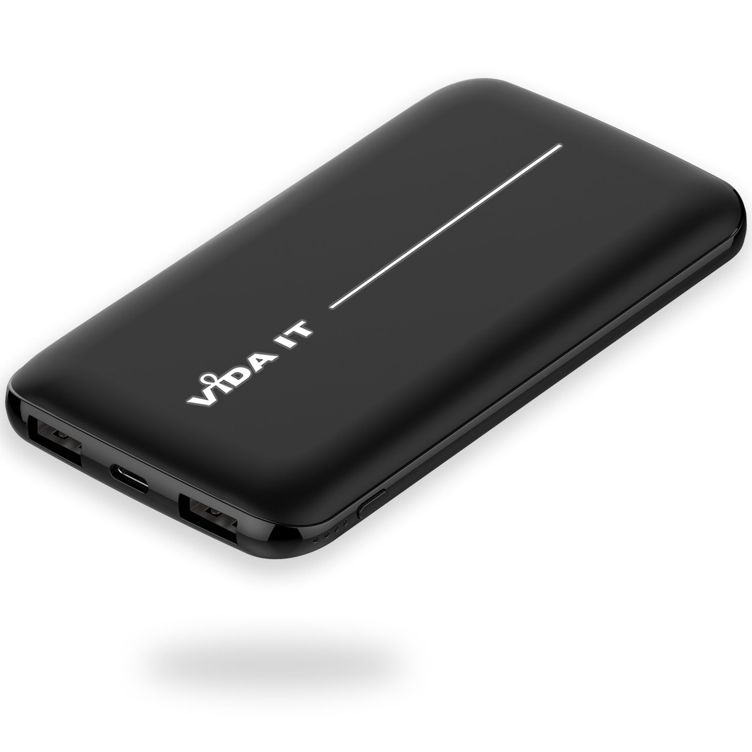 vFab Fabric 2-Port Charging Output Power Bank 8000mAh Portable External Emergency Battery Pack USB Charger with 3-in-1 cable with heads for Micro-USB, USB-C, and iPhone in Dark Grey Colour supports charging two phones at the same time