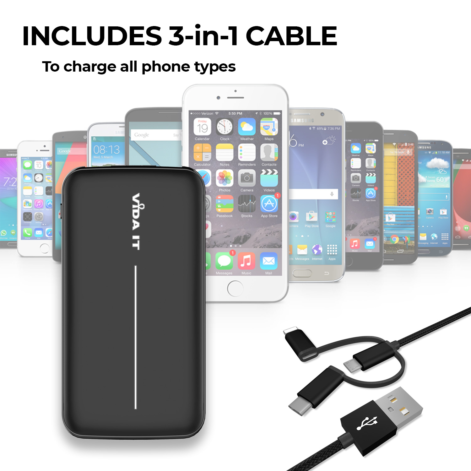 vFab Fabric 2-Port Charging Output Power Bank 8000mAh Portable External Emergency Battery Pack USB Charger with 3-in-1 cable with heads for Micro-USB, USB-C, and iPhone in Dark Grey Colour supports charging two phones at the same time