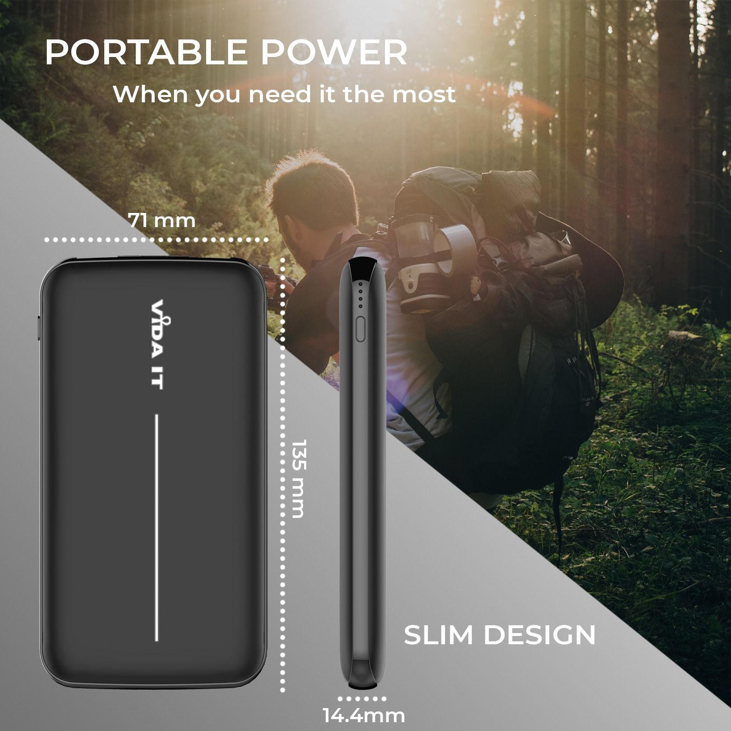 vFab Fabric 2-Port Charging Output Power Bank 8000mAh Portable External Emergency Battery Pack USB Charger with 3-in-1 cable with heads for Micro-USB, USB-C, and iPhone in Dark Grey Colour supports charging two phones at the same time