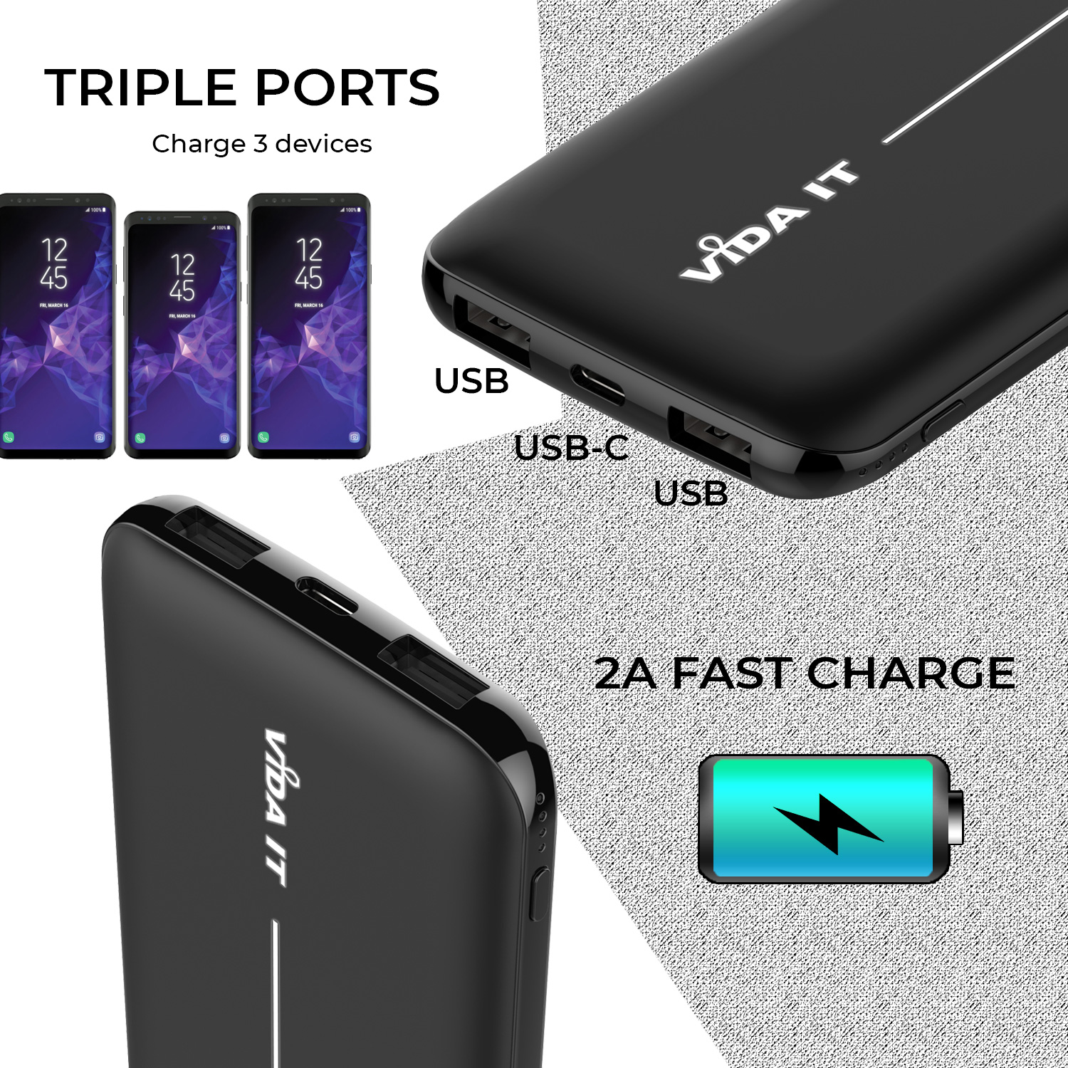 Ultra Mince le voyage Vida-IT vFab 8000mAh Capacité Power Bank Mini Batterie Externe Portatif Chargeur Portable Li-Polymère USB 2 Port Càble inclus avec câble Micro-USB intégré avec iPhone Lightning et USB-C Type-C adaptateurs pour iOS Android téléphone smartphone