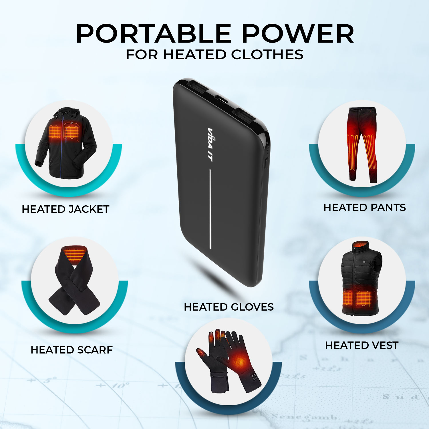 Ultra Mince le voyage Vida-IT vFab 8000mAh Capacité Power Bank Mini Batterie Externe Portatif Chargeur Portable Li-Polymère USB 2 Port Càble inclus avec câble Micro-USB intégré avec iPhone Lightning et USB-C Type-C adaptateurs pour iOS Android téléphone smartphone