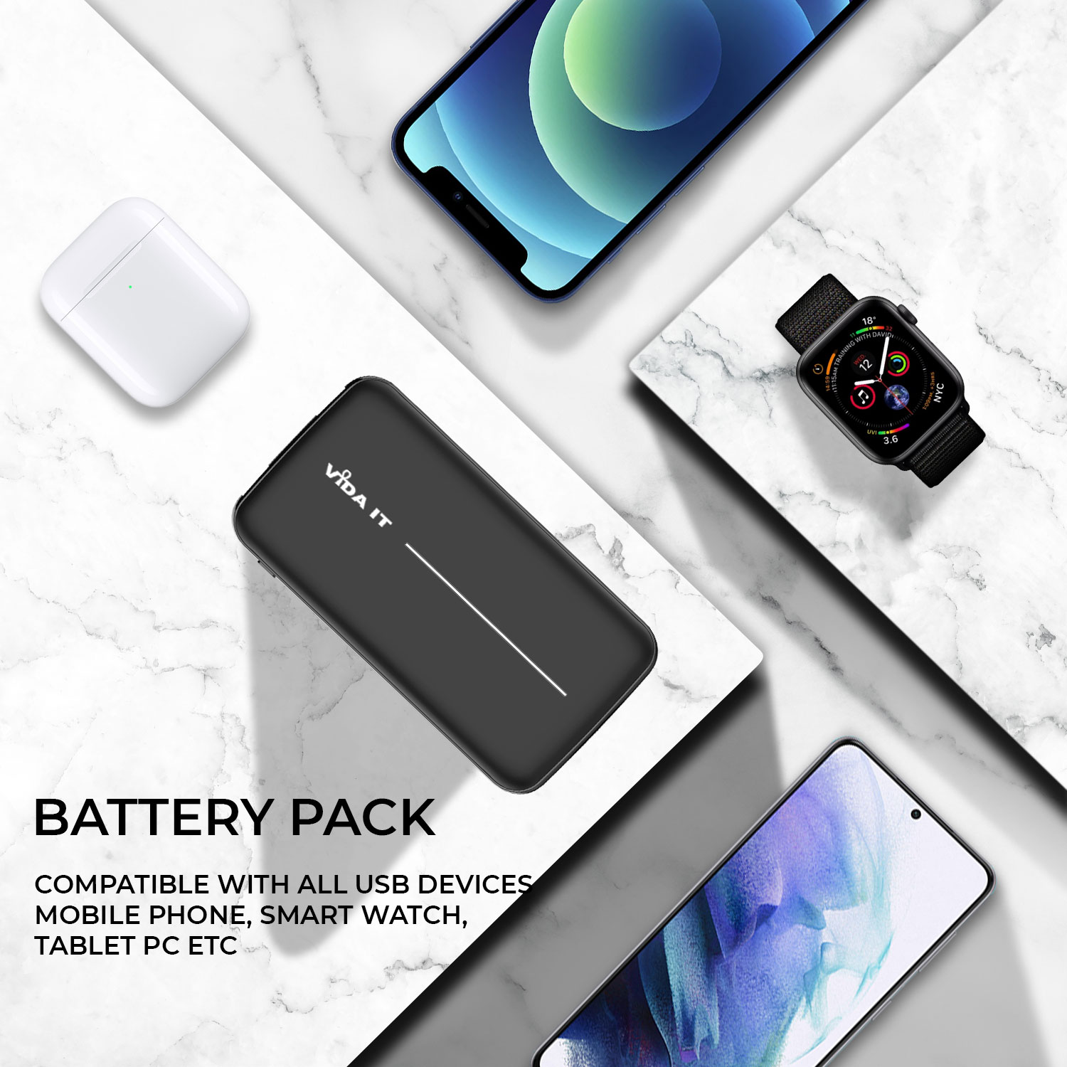 vFab Fabric 2-Port Charging Output Power Bank 8000mAh Portable External Emergency Battery Pack USB Charger with 3-in-1 cable with heads for Micro-USB, USB-C, and iPhone in Dark Grey Colour supports charging two phones at the same time