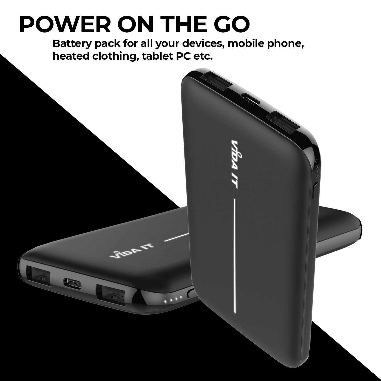 vFab Fabric 2-Port Charging Output Power Bank 8000mAh Portable External Emergency Battery Pack USB Charger with 3-in-1 cable with heads for Micro-USB, USB-C, and iPhone in Dark Grey Colour supports charging two phones at the same time