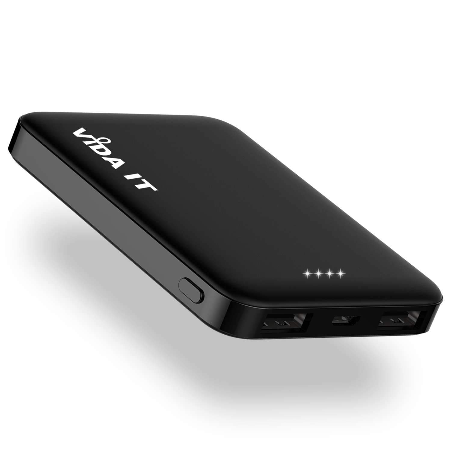 V502 Slim 9mm Dual Port 5000mAh Power Bank Portable External Emergency Battery Pack USB Charger with Built-in Micro USB cable plus Apple-Lightning and USB-C Adapters in Black Colour