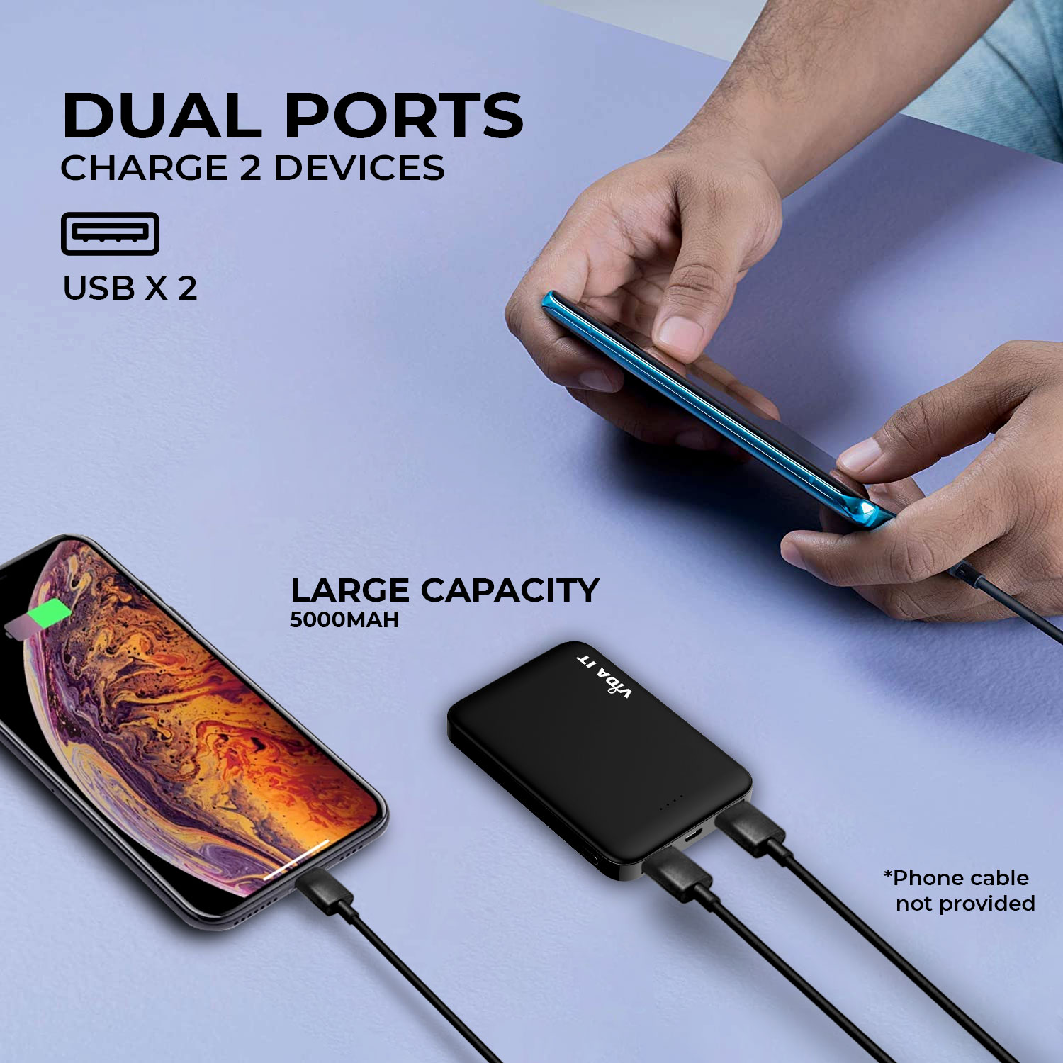 Ultra Mince le voyage Vida-IT V506 5000mAh Capacité Power Bank Mini Batterie Externe Portatif Chargeur Portable Li-Polymère USB 2 Port Càble inclus avec câble Micro-USB intégré avec iPhone  et USB-C Type-C adaptateurs pour iOS Android téléphone smartphone