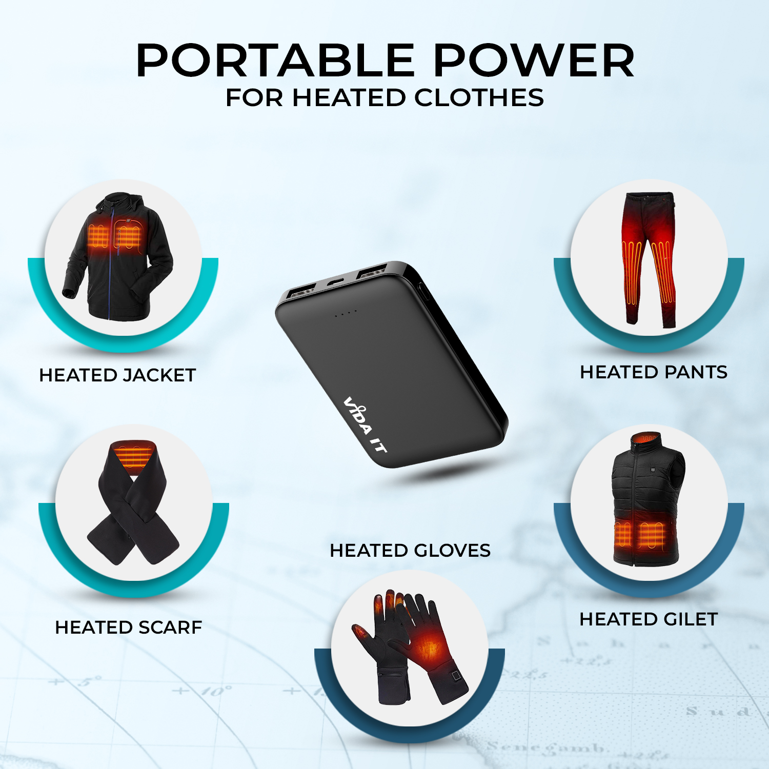 Ultra Mince le voyage Vida-IT V506 5000mAh Capacité Power Bank Mini Batterie Externe Portatif Chargeur Portable Li-Polymère USB 2 Port Càble inclus avec câble Micro-USB intégré avec iPhone Lightning et USB-C Type-C adaptateurs pour iOS Android téléphone smartphone