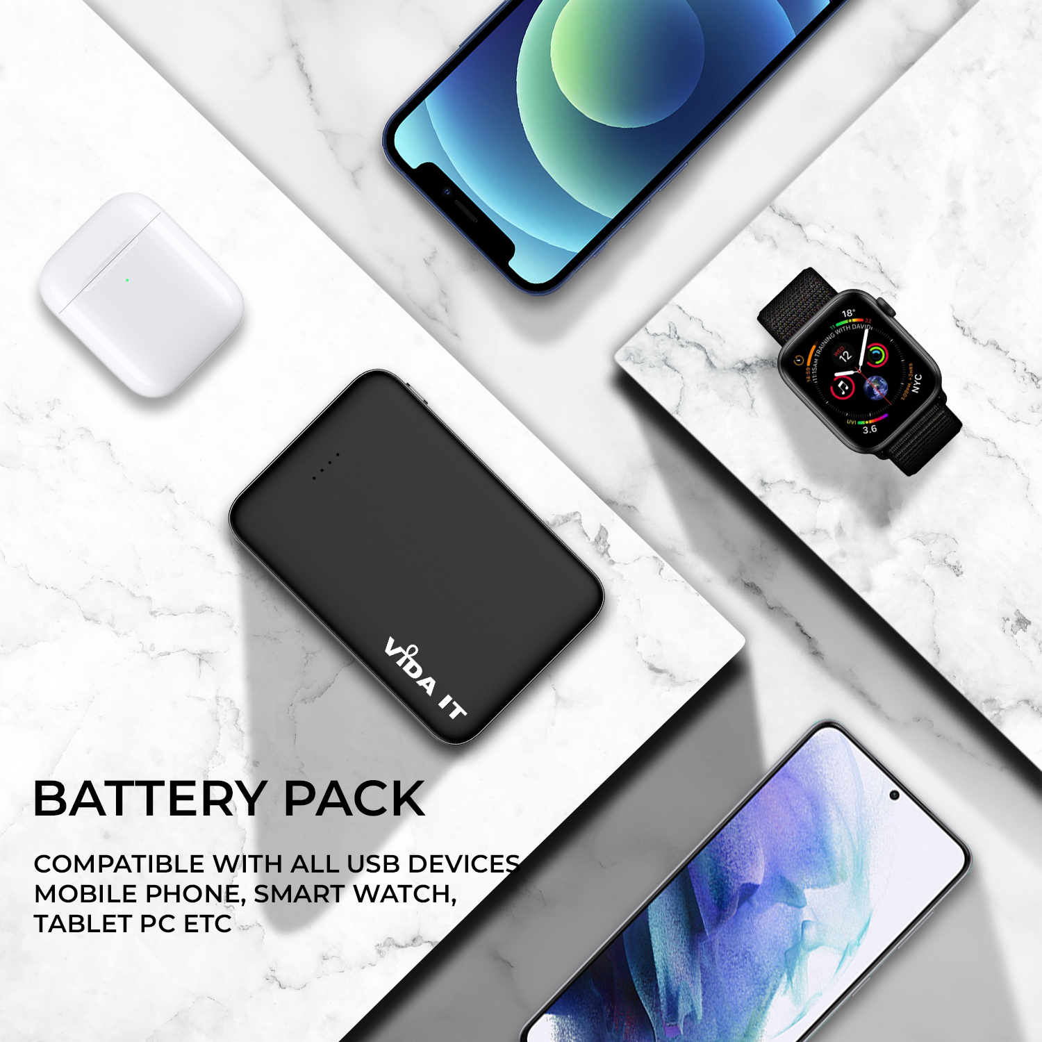 V502 Slim 9mm Dual Port 5000mAh Power Bank Portable External Emergency Battery Pack USB Charger with Built-in Micro USB cable plus Apple-Lightning and USB-C Adapters in Black Colour