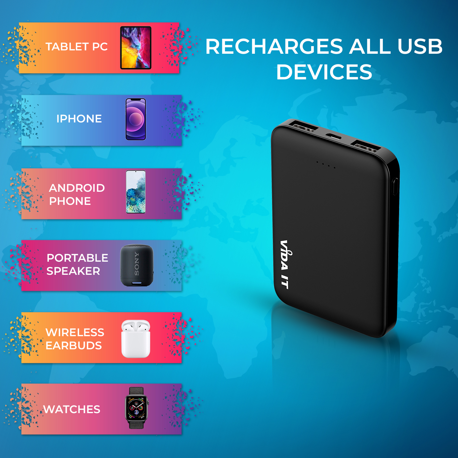 Ultra Mince le voyage Vida-IT V506 5000mAh Capacité Power Bank Mini Batterie Externe Portatif Chargeur Portable Li-Polymère USB 2 Port Càble inclus avec câble Micro-USB intégré avec iPhone Lightning et USB-C Type-C adaptateurs pour iOS Android téléphone smartphone