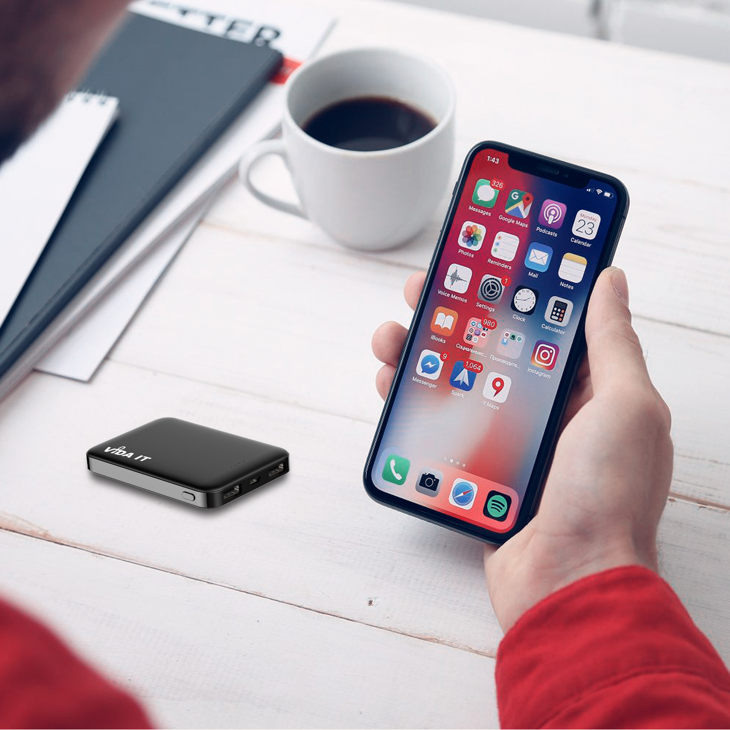 V502 Slim 9mm Dual Port 5000mAh Power Bank Portable External Emergency Battery Pack USB Charger with Built-in Micro USB cable plus Apple-Lightning and USB-C Adapters in Black Colour