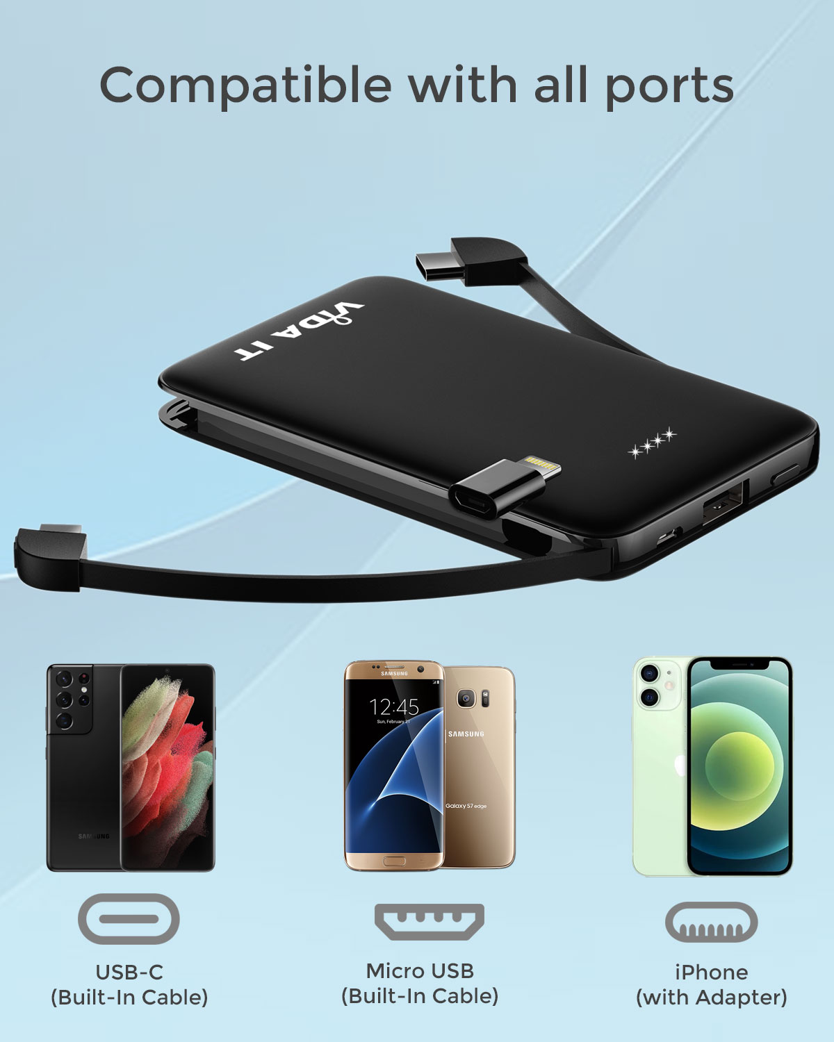 CHICIRIS Mini Power Bank 2000mAh Portachiavi Con Cavo USB-C Retrattile E Ricarica Wireless Per Orologi, Compatto E Leggero - 3