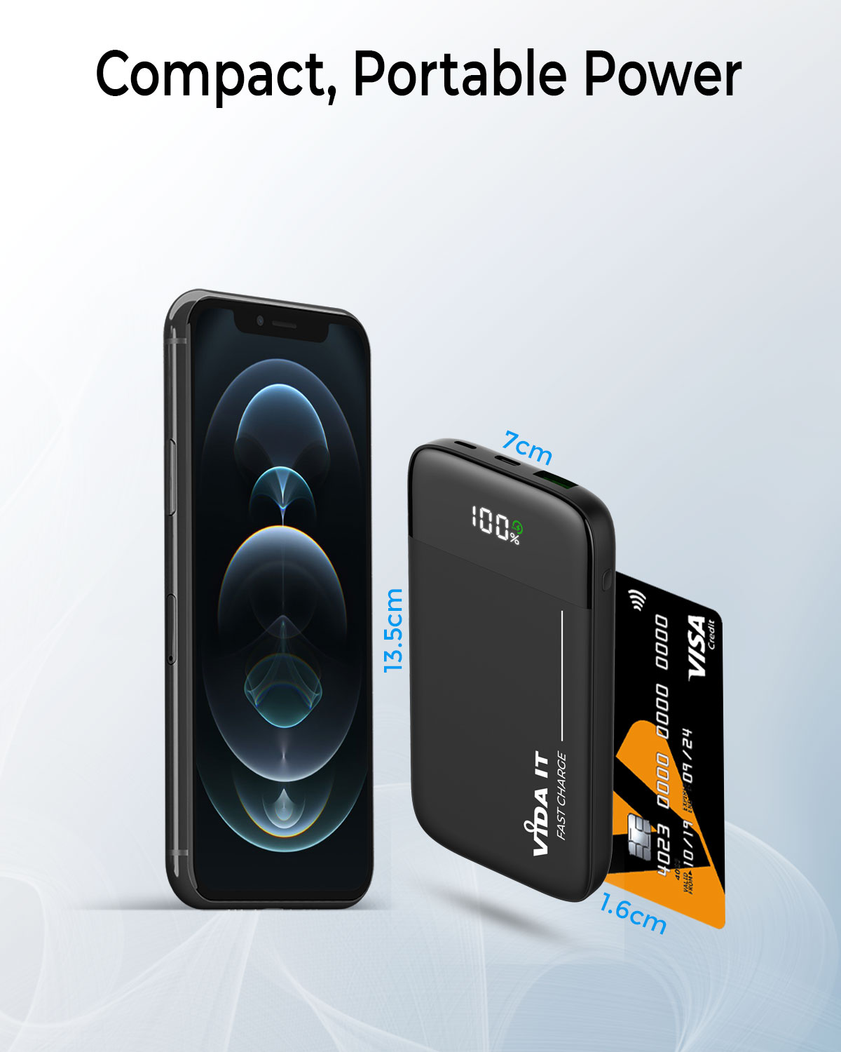 V502 Slim 9mm Dual Port 5000mAh Power Bank Portable External Emergency Battery Pack USB Charger with Built-in Micro USB cable plus Apple-Lightning and USB-C Adapters in Black Colour