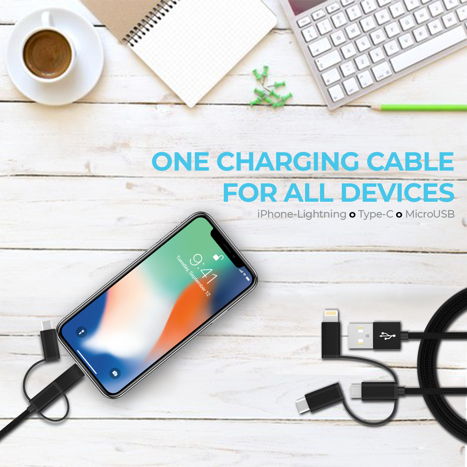 vFab Fabric  2-Port Charging Output Power Bank 8000mAh Portable External Emergency Battery Pack USB Charger with 3-in-1 cable with heads for Micro-USB, USB-C, and iPhone in Dark Grey Colour supports charging two phones at the same time