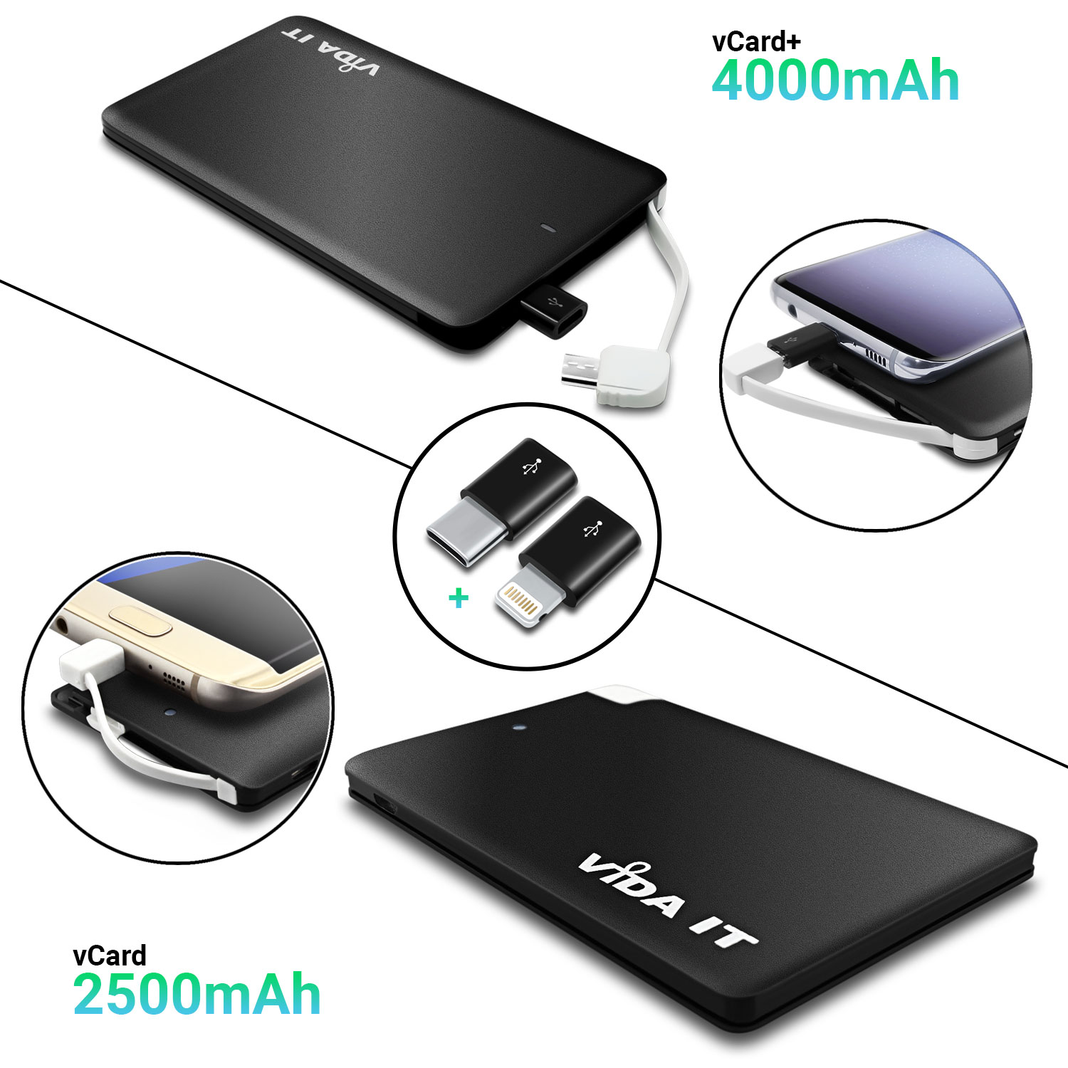 vCard slim Power Bank 2500mAh Capacity USB external battery pack thin portable USB charger with built-in micro-usb charging cable plus two adapters for iPhone and type-C usb-c connectors for iPhone iPad Android mobile phone smartphone tablet pc