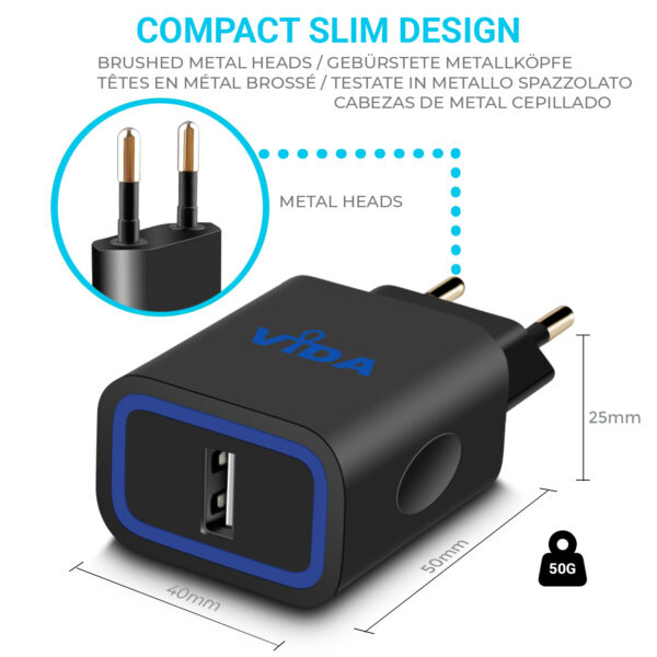 Vida IT VS1 Fast 1-Port USB Wall Charger 5V 2.4A Mains Adapter (EU Plug)